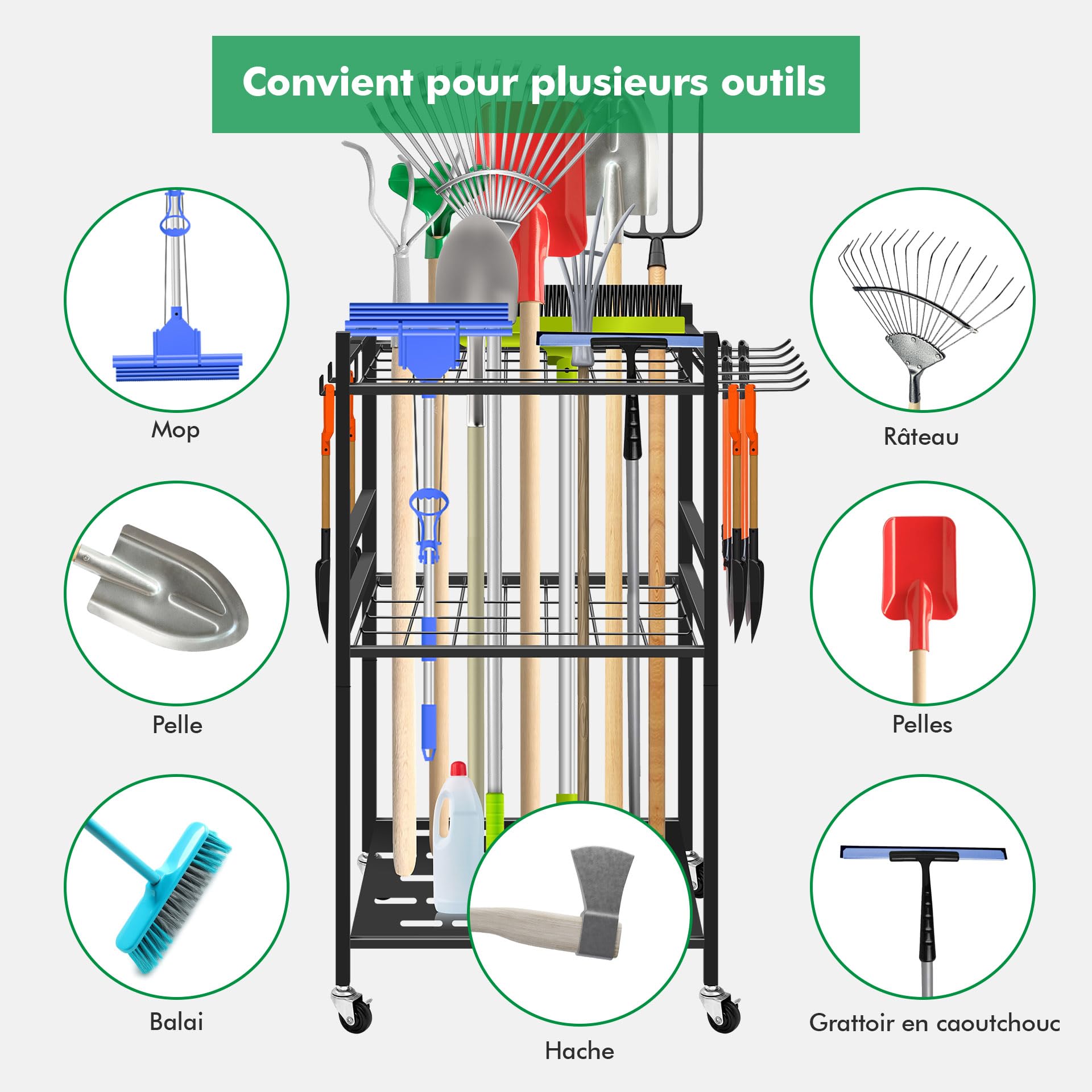 Mimoke Étagère à outils de jardin avec crochets mobiles et roulettes verrouillables – Rangement facile des accessoires d'outils dans le jardin, le garage grâce aux roues pivotantes à 360°