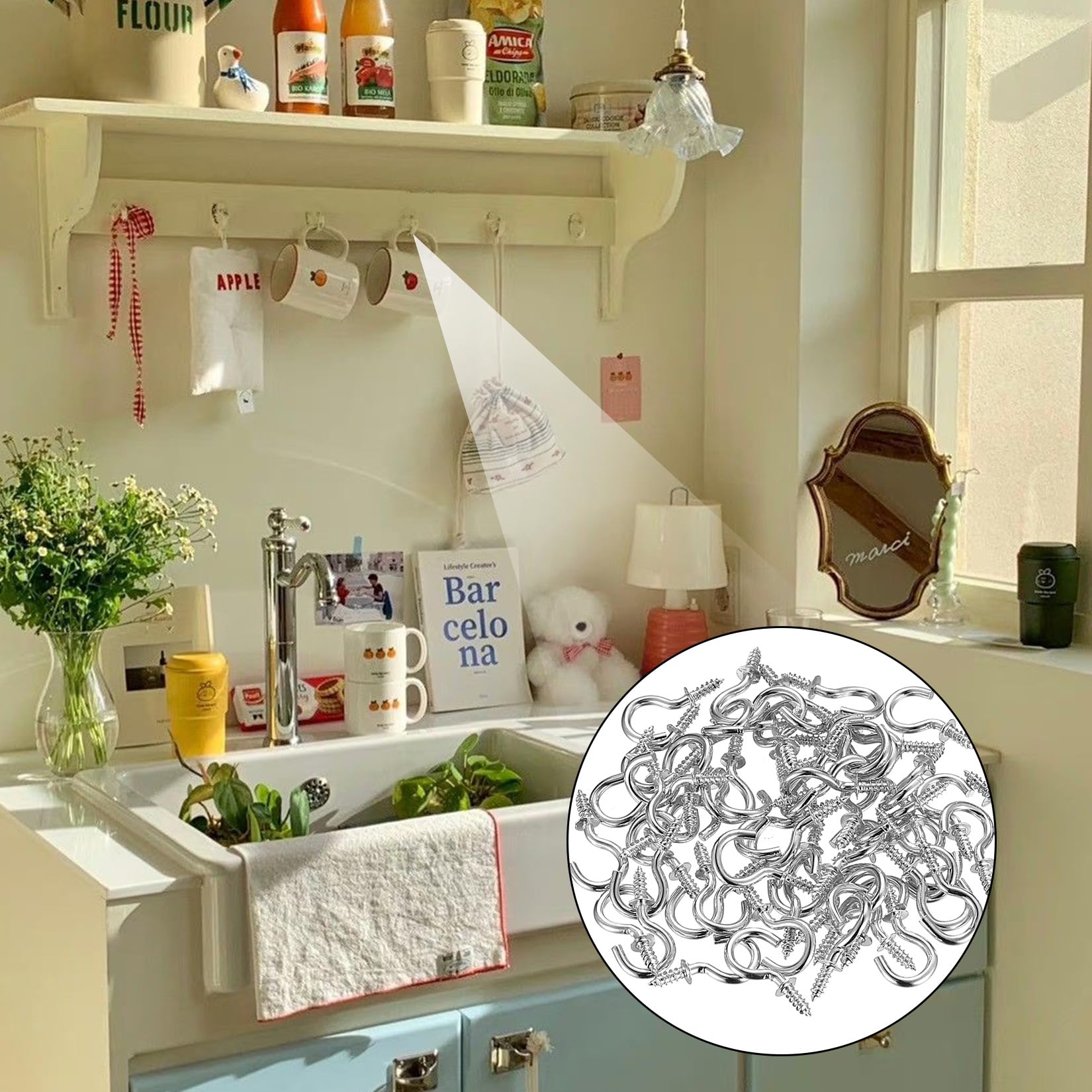 200 Pz Ganci a Vite, Ganci Avvitabili Viti per Legno, Piccole Gancio a Vite per Legno, Ganci a Soffitto in Metallo, Viti a Gancio, Vite a Tazza per Appendere Piante Decorazioni Casa Ufficio(Oro)