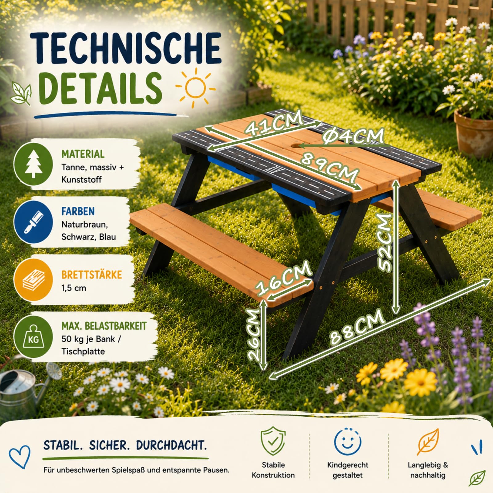 HAGO24 | Kindersitzgarnitur | Kindersitzbank | Spieltisch | Matschtisch | Picknickbank | Tanne | Kunststoffschale | Autospielfläche | Sonnenschirmloch