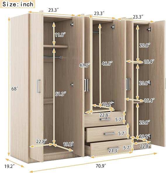 6-Door Wooden Wardrobe, Maximize Bedroom Storage with a Modern, Clean Design and Big Drawers (Brown)