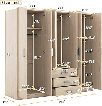 6-Door Wooden Wardrobe, Maximize Bedroom Storage with a Modern, Clean Design and Big Drawers (Brown)