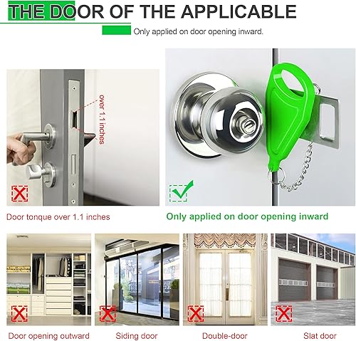 Miniatura 6 de Cerradura de puerta de viaje portátil verde de 1 pieza, cerradura de puerta adicional para asegurar puertas desde el interior, simple y eficaz