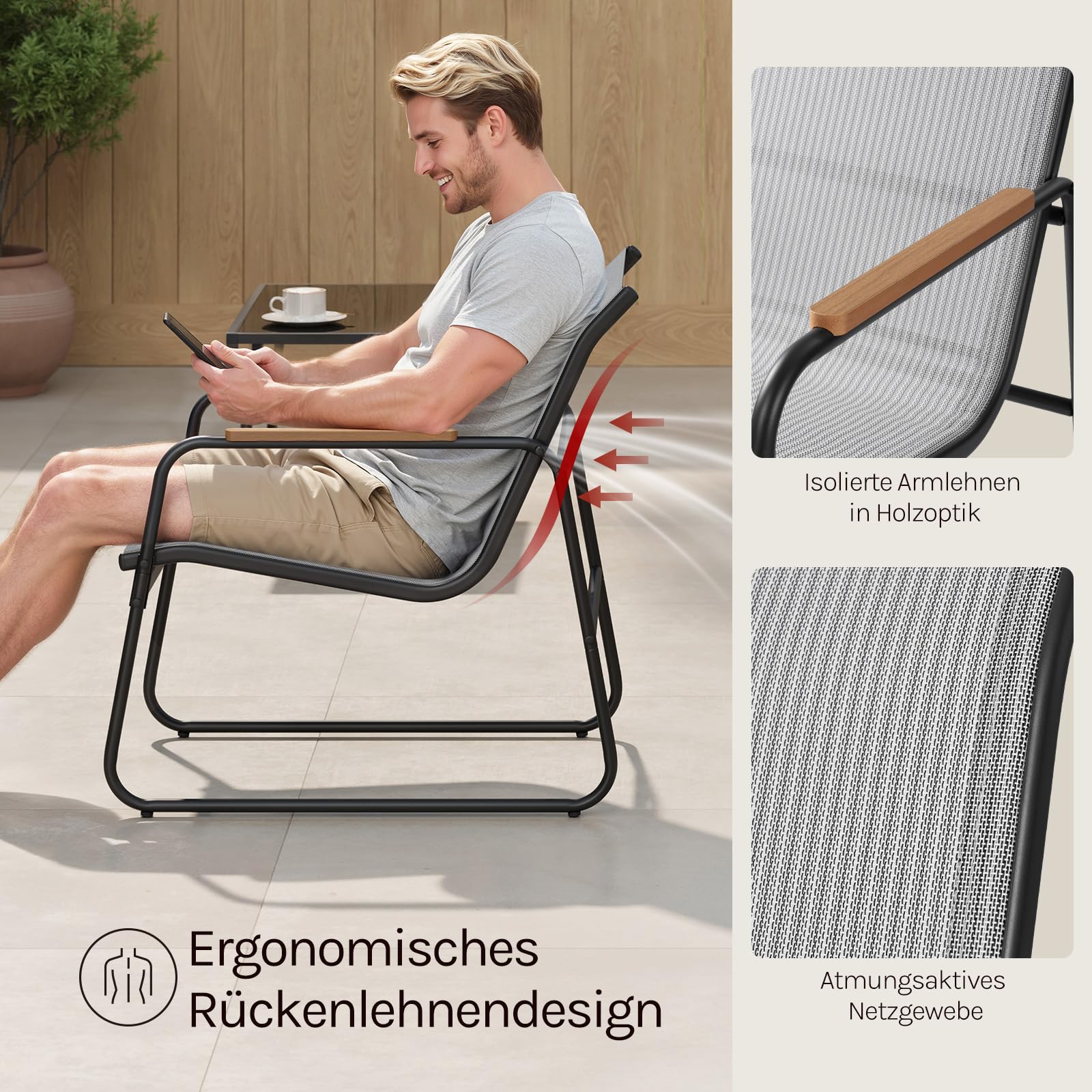 WOLTU Gartenmöbel Set 4-teilig1 Tisch & 1 Zweisitzer-Sofa & 2 Sessel mit Rückenlehne und Armlehnen Ergonomisches Design UV-beständig Balkonmöbel für Terrasse und Balkon, Grau