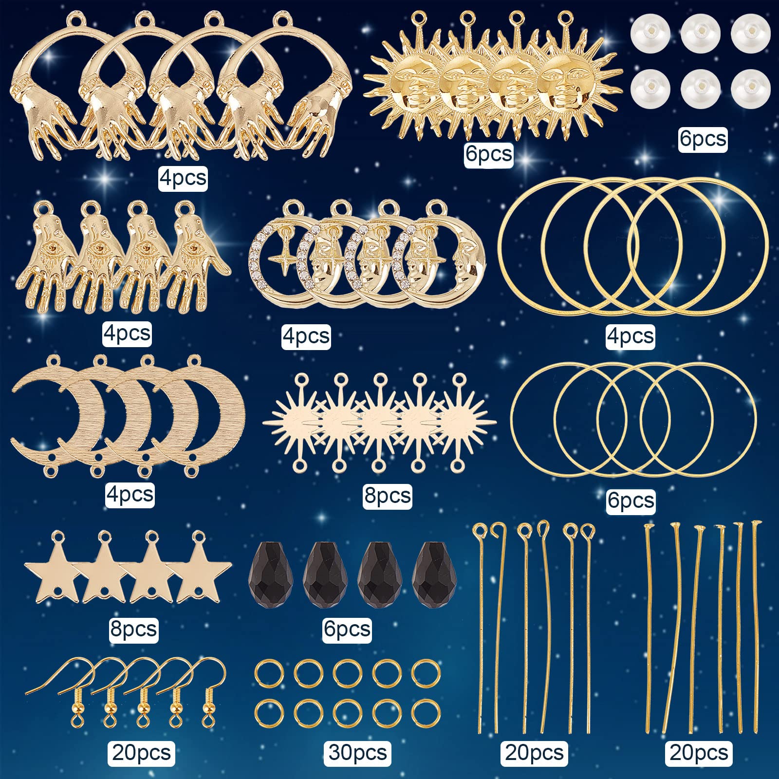 SUNNYCLUE 1 Box 10 Pairs Star Moon Sun Earrings Dangle Making Starter Kit Crescent Stars Hand Charm Lukcy Dangle Earrings Glass Beads for Jewellery Making Kits Beginner Adult Women DIY Craft Supply