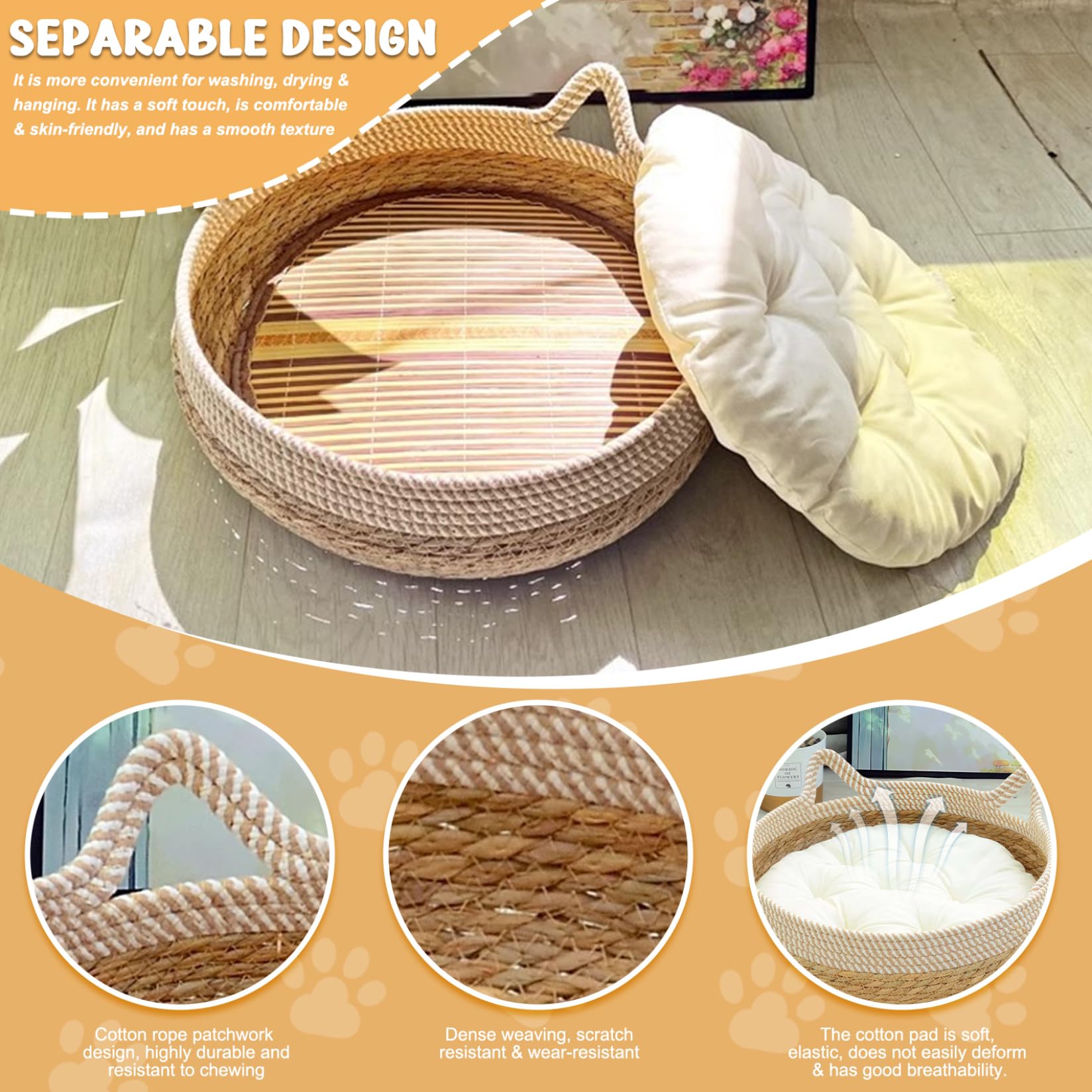 Lits de Chats pour Chats intérieurs, paniers de Chat tissés 16 x 6 Pouces avec Coussin Doux, lit Chaton à l'épreuve des Rayures Panier Rond Confortable