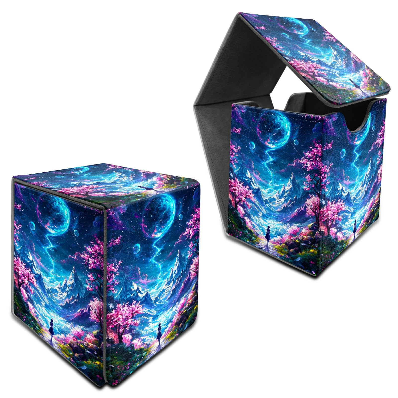 RWUTYTIUL for MTG Commander Deck Box, Card Storage Box Fits 100+ Sleeved Cards, PU Leather Large Size Strong Magnet Card Deck Case Holder for Board Game Magic MTG TCG CCG, Moon Pink Tree