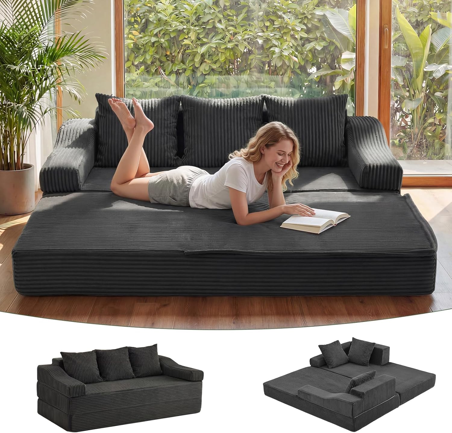 APICIZON Schlafsofa 200cm Breit, Boneless Couch mit Kissen, 3 Sitzer Sofa Bed mit Schlaffunktion, Bodensofa Klappbare Matratze für Wohnzimmer, Schlafzimmer, Gästezimmer (Cord-Dunkelgrau, 200x176cm)