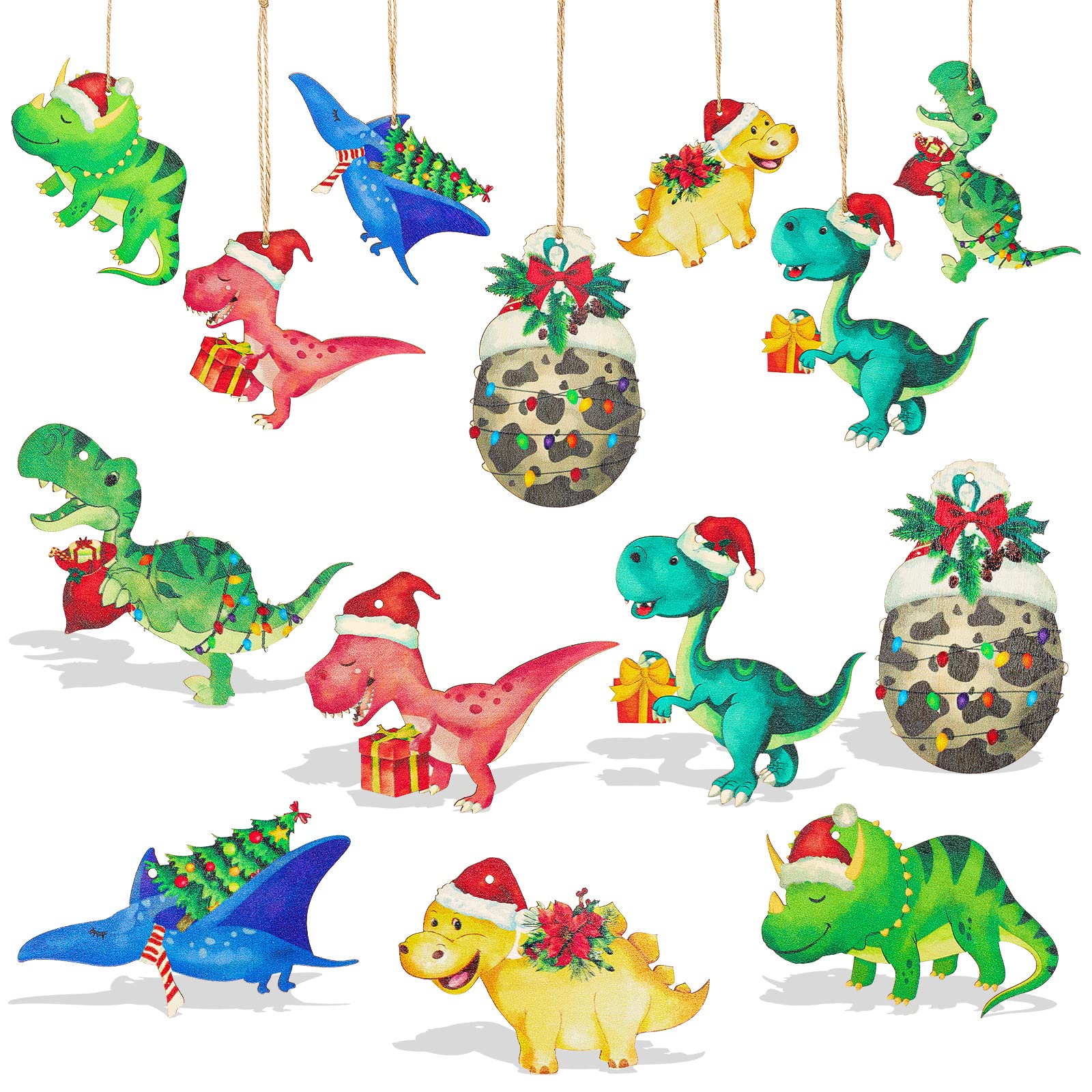 Décoration Noël dinosaure en bois Remerry : lot de 42 suspensions aquarelle sapin enfants