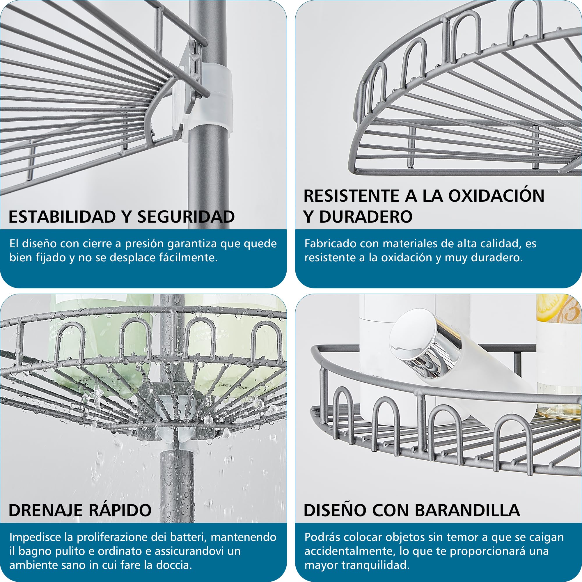 Estanteria Baño Telescopica Estante Ducha Esquina sin Taladro Acero Inoxidable con 4 Bandejas, Ajustable 85-325cm, para Bañera, Cuarto de Baño, Ducha y Cocina, Gris