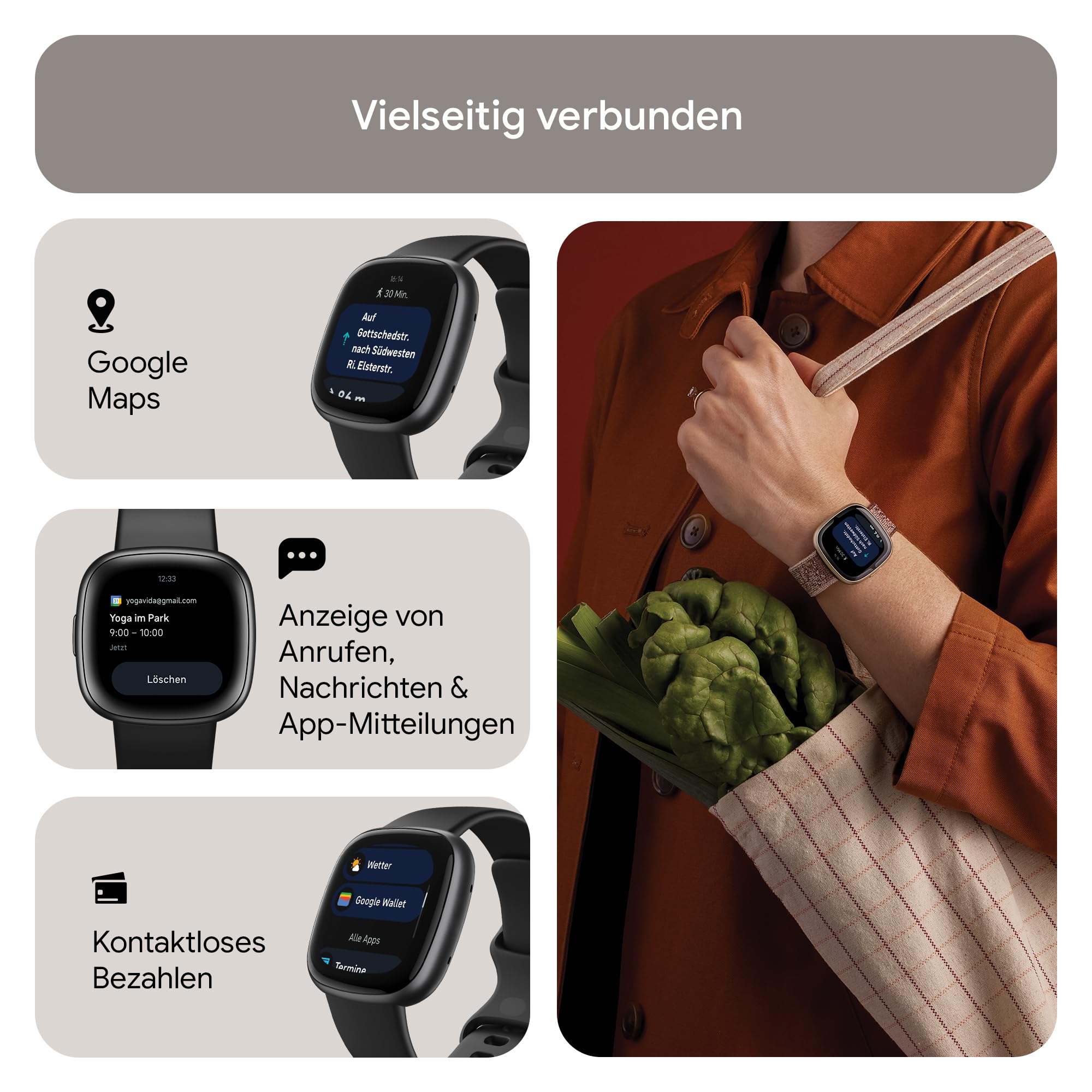 Google Fitbit Versa 4 Smartwatch Fitness-Tracker GPS Telefonfunktion 6 Tage Akkulaufzeit 40+ Trainingsmodi kompatibel Android iOS