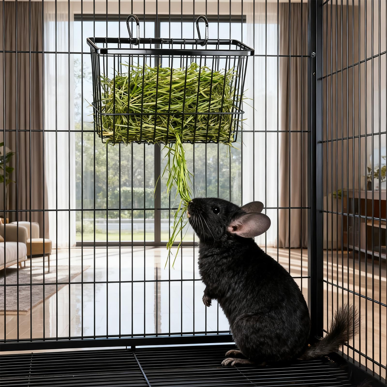 Râtelier à foin pour lapins et cochons d'Inde – Lot de 2 râteliers à foin de grande et moyenne taille avec 2 crochets par panier, construction en métal robuste pour clapier et enclos à petits animaux