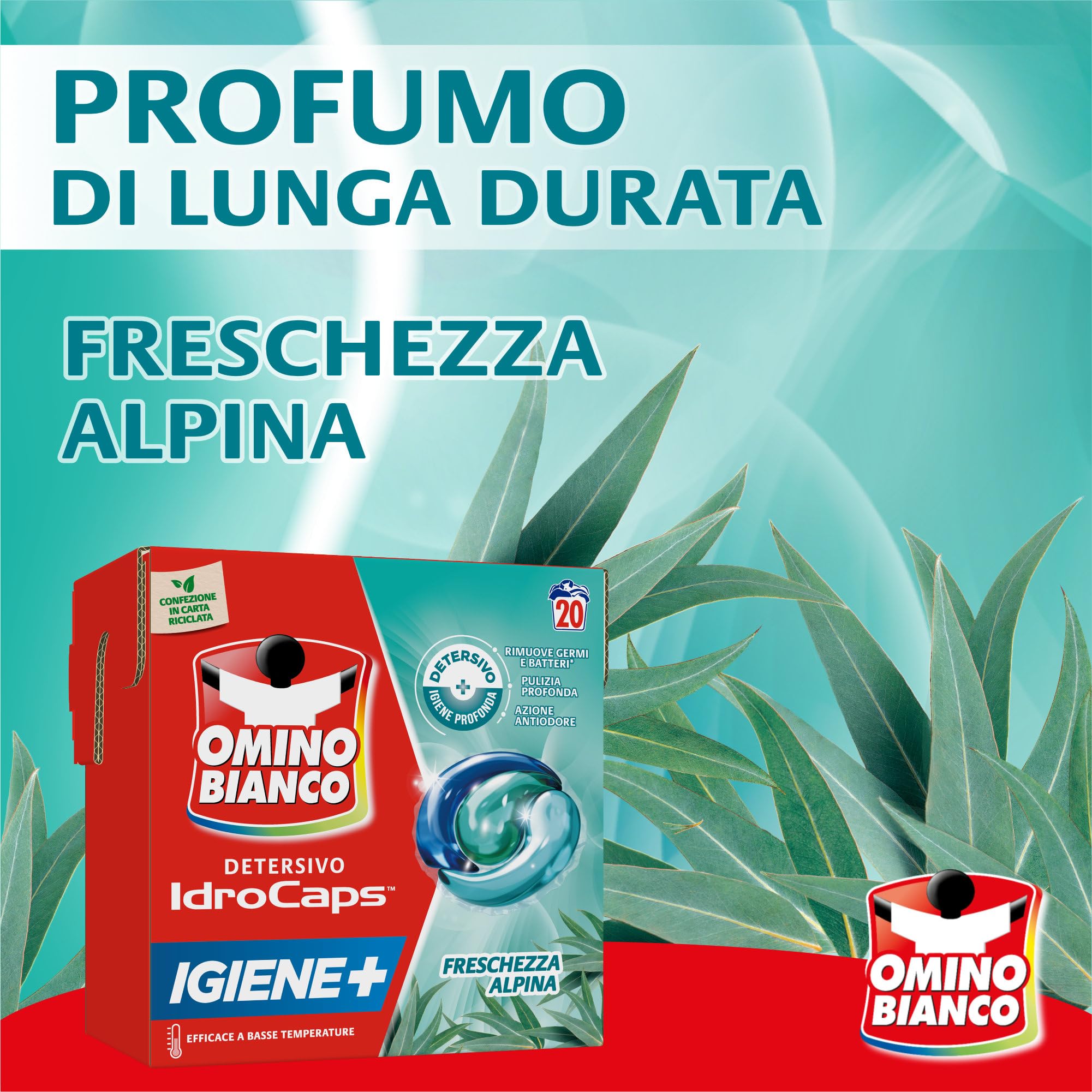 Omino Bianco Idrocaps - Detersivo Lavatrice in Capsule Igiene, 80 Lavaggi, Efficace a Basse Temperature, Profumo Freschezza Alpina, 20 Caps x 4 Confezioni