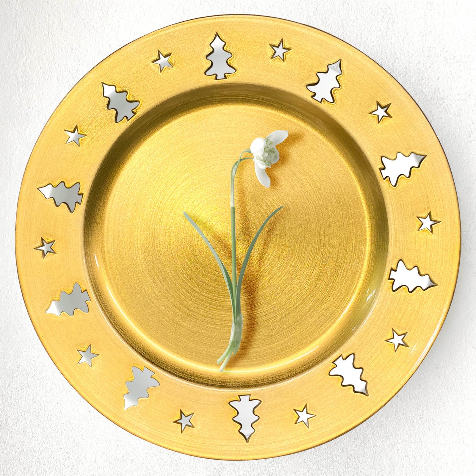Platos de carga dorados para árbol de Navidad, reutilizables, calados, decoraciones de fiestas, cargadores redondos para platos de cena, elegantes centros de mesa, paquete de 6