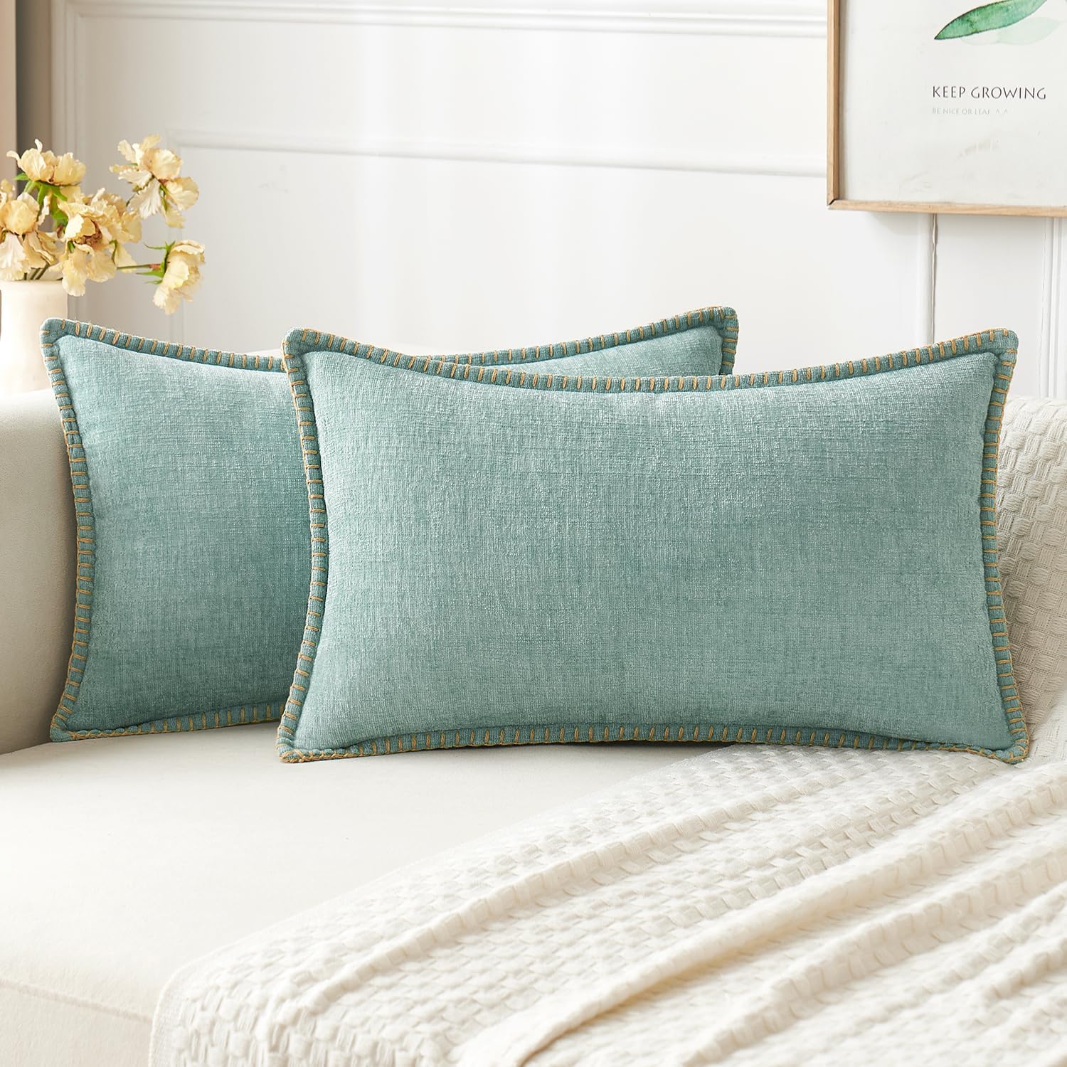 MIULEE Pack of 2 Couch Throw Pillow Covers 12x20 Inch Aqua Green Farmhouse Decorative Pillow Covers with Stitched Edge Soft Chenille Solid Dyed Spring Pillow Covers for Sofa Bed Living Room 20" x 12" (Pack of 2) Aqua Green