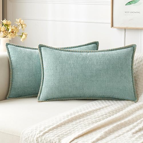 MIULEE Paquete de 2 fundas de almohada para sofá de 12 x 20 pulgadas, fundas de almohada decorativas de granja verde azulado con borde cosido,