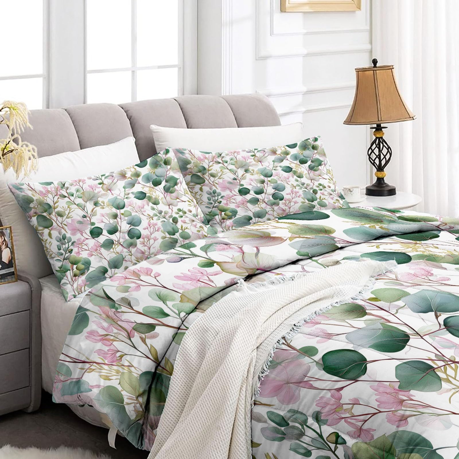 Bettdecke 4-Jahreszeiten Steppdecke in 135x200 cm mit Pflanzen Eukalyptusblätter Wildblumen, Warme und Weiche Schlafdecke ohne Bezug mit 2 Kissenbezügen, Rosa Grün