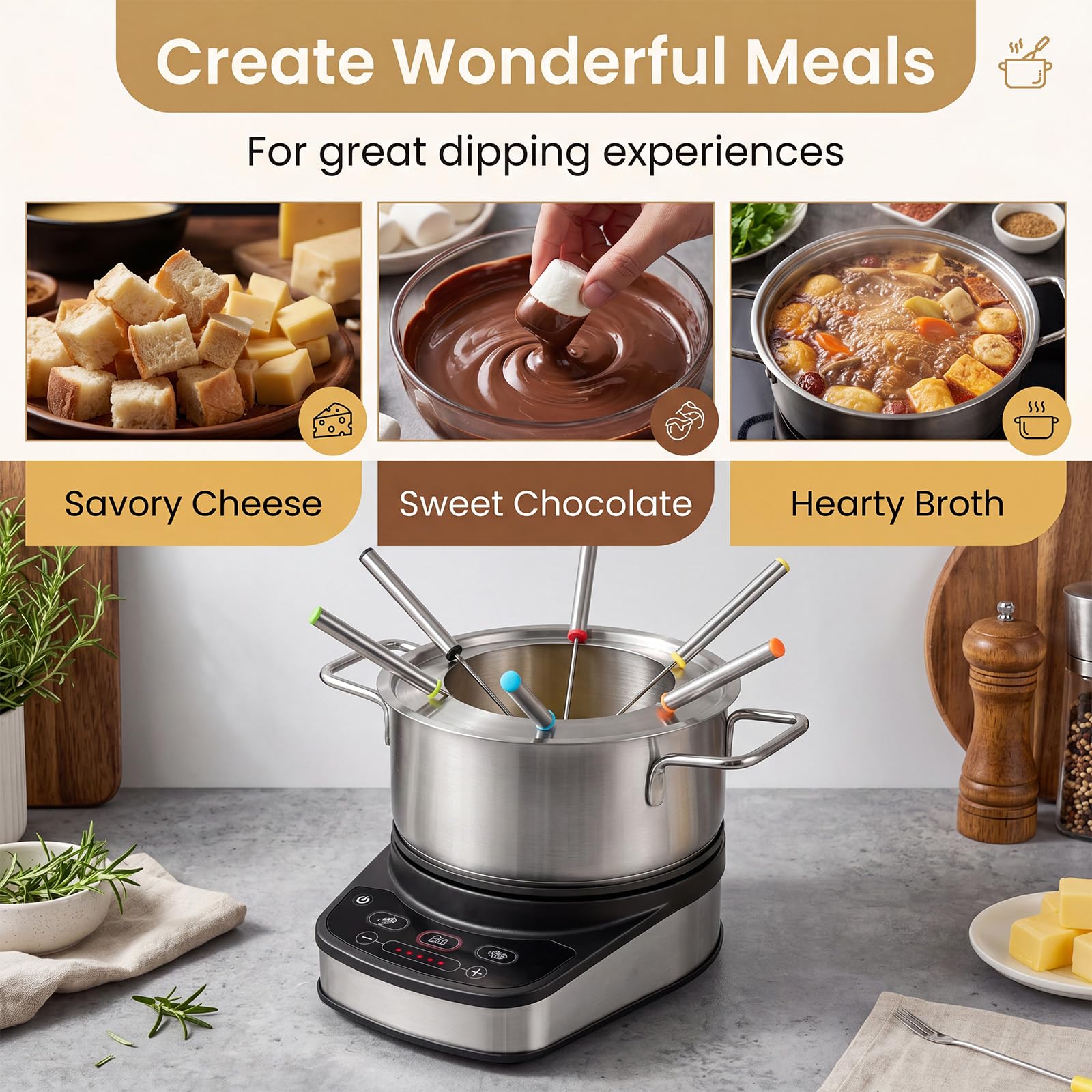 LIFEZEAL - Juego de fondue de 3 l para 6 personas, aparato de fondue eléctrico de 1200 W de acero inoxidable con termostato ajustable, base extraíble y 6 tenedores, para queso, chocolate y caldo