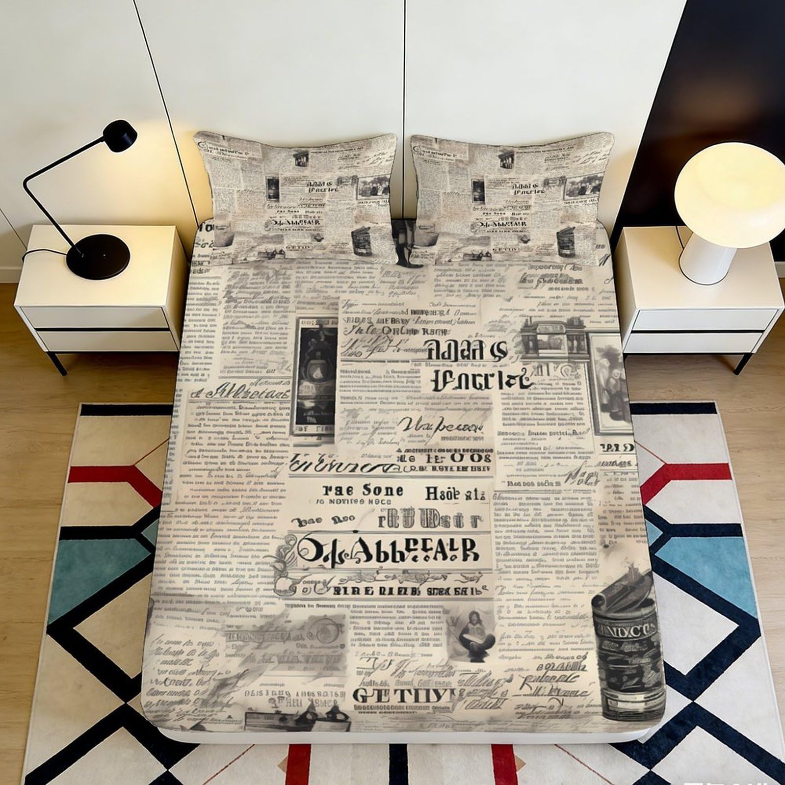 3D Printed Vintage Newspaper Fitted Sheet Microfiber Soft Breathable Retro Text Mattress Cover for Bedroom Guest Room Decor 90x200x25cm