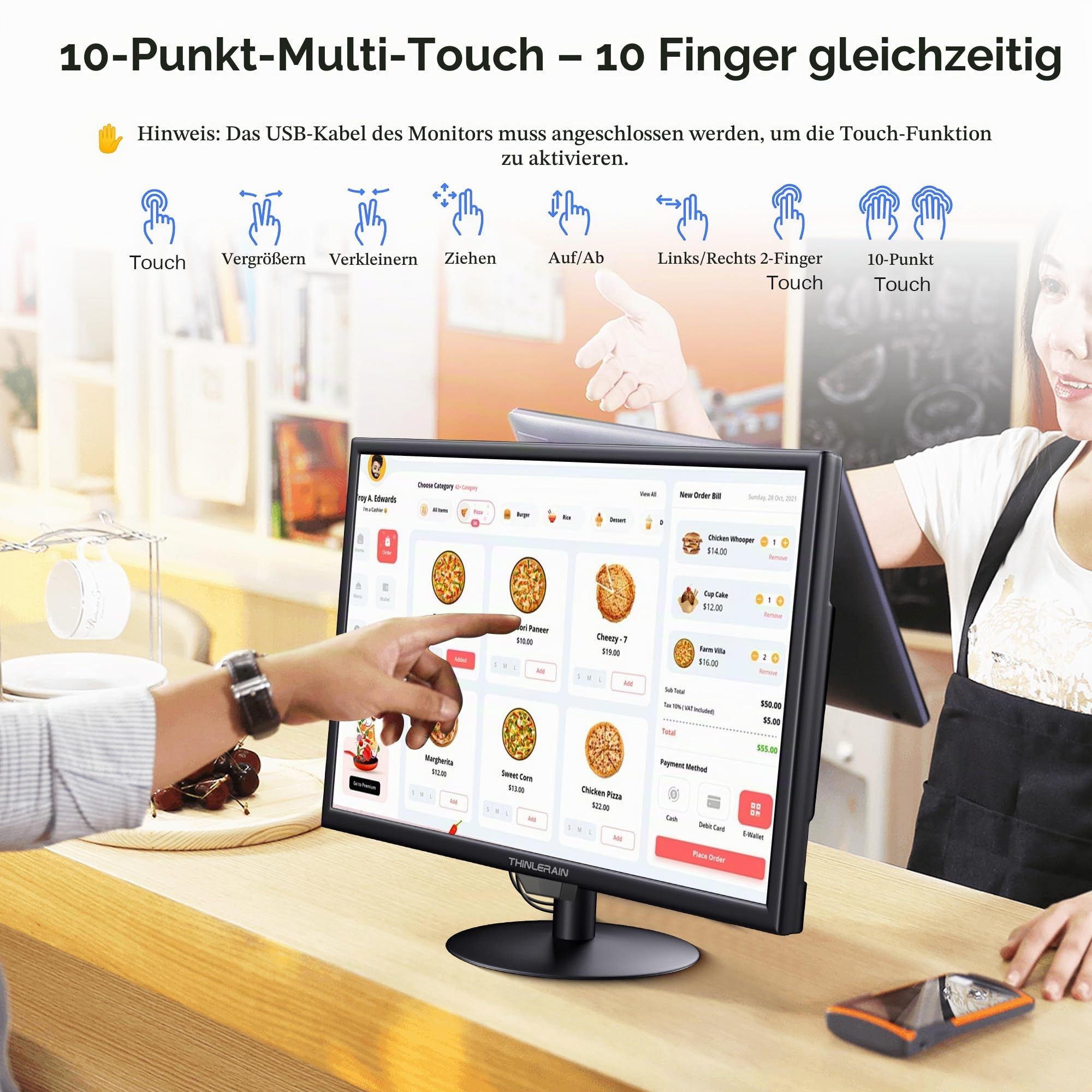 19 Zoll Touchscreen Monitor – 10-Punkt Multitouch, 1440x900 HD Bildschirm Display, HDMI VGA AV BNC USB, VESA, integrierte Lautsprecher – Computer Monitor für POS, Büro, Industrie