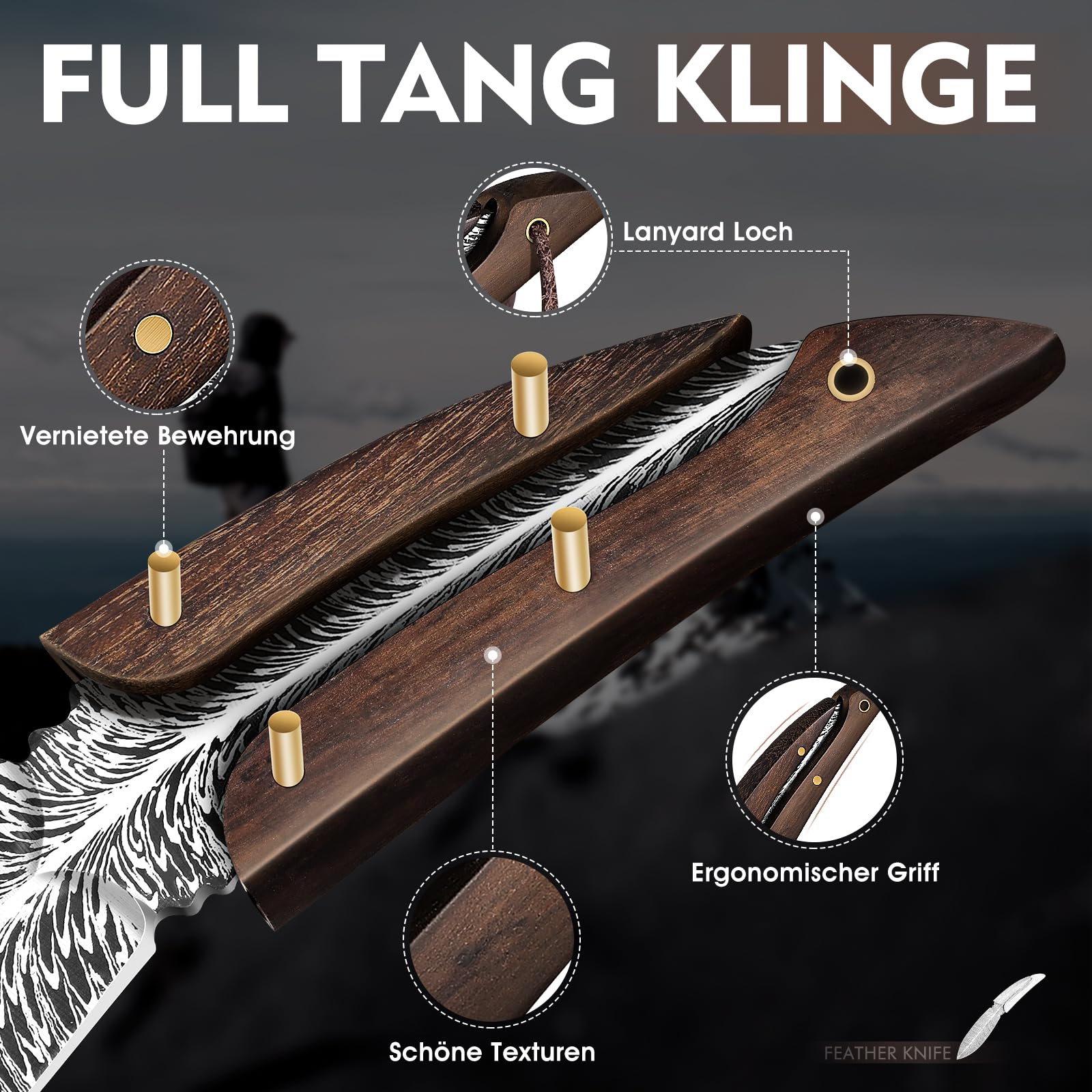 Japaknives Couteau de survie, couteau d'extérieur lame fixe, couteau de camping Full Tang, texture plume, grande collection