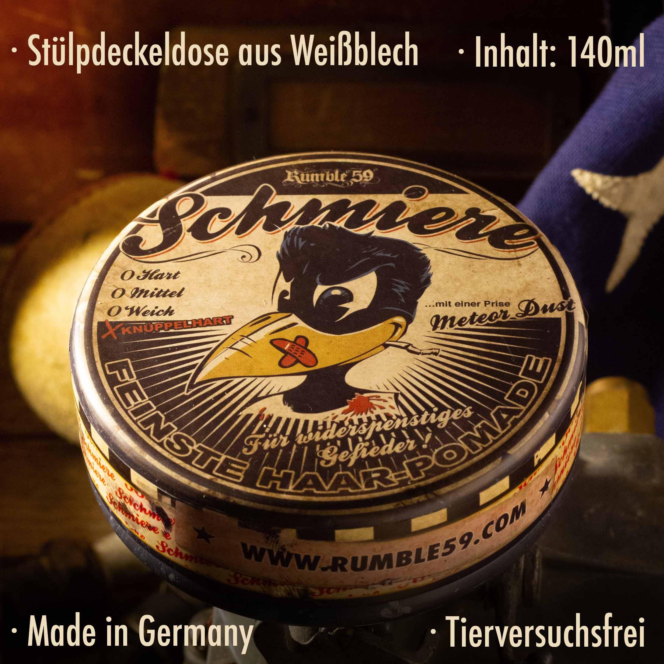 Rumble59 - Schmiere Pomade Herren - Klassiker mit Rasierwasser Duft - 140 ml, extra starker Halt - wachsbasierte Haar Pomade für sehr dicke und widerspenstige Haare - Hairstyling Made in Germany