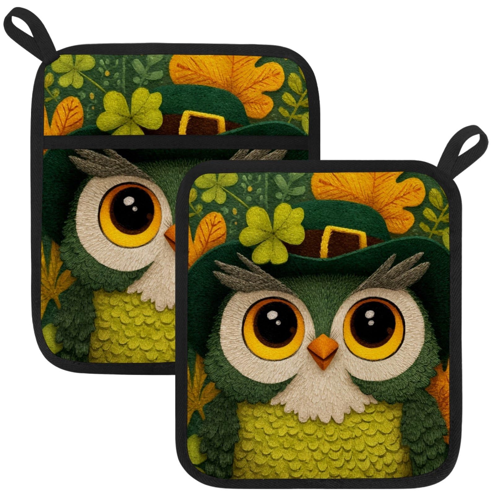 VAPOKF St. Patrick's Day Owl Kitchen Hot Pot Holder, Pot Holders Heat Resistant Pot Holder with Pocket Heat Resistant Trivets for Hot Pans Cotton Pot Mitts for Kitchen Cooking Baking