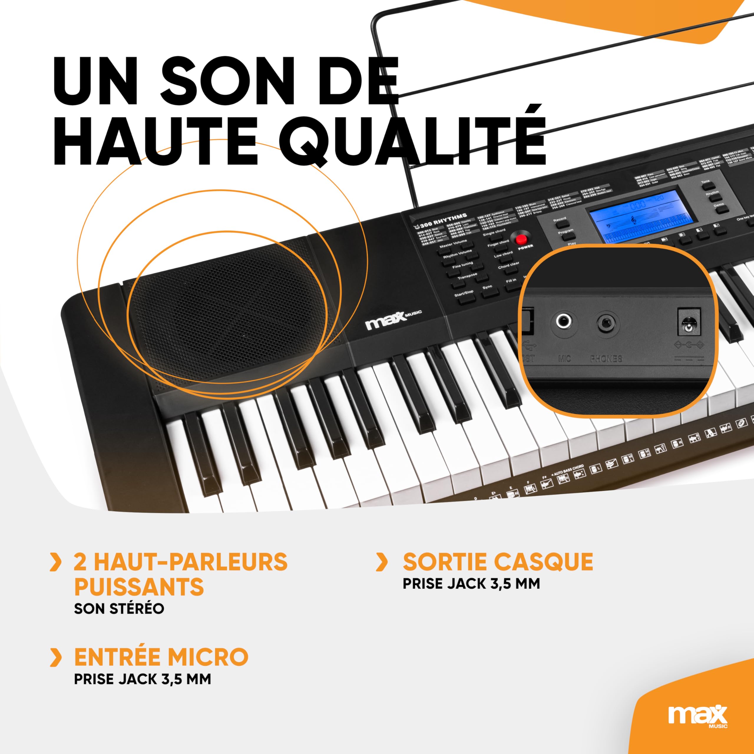 Max Rhapsody61 Clavier Électronique, 61 Touches, Pack complet avec Casque Audio, Stand, Micro et Banc, Synthétiseur Débutant Complet, Deux Haut-parleurs Intégrés, Idéal pour l'Apprentissage