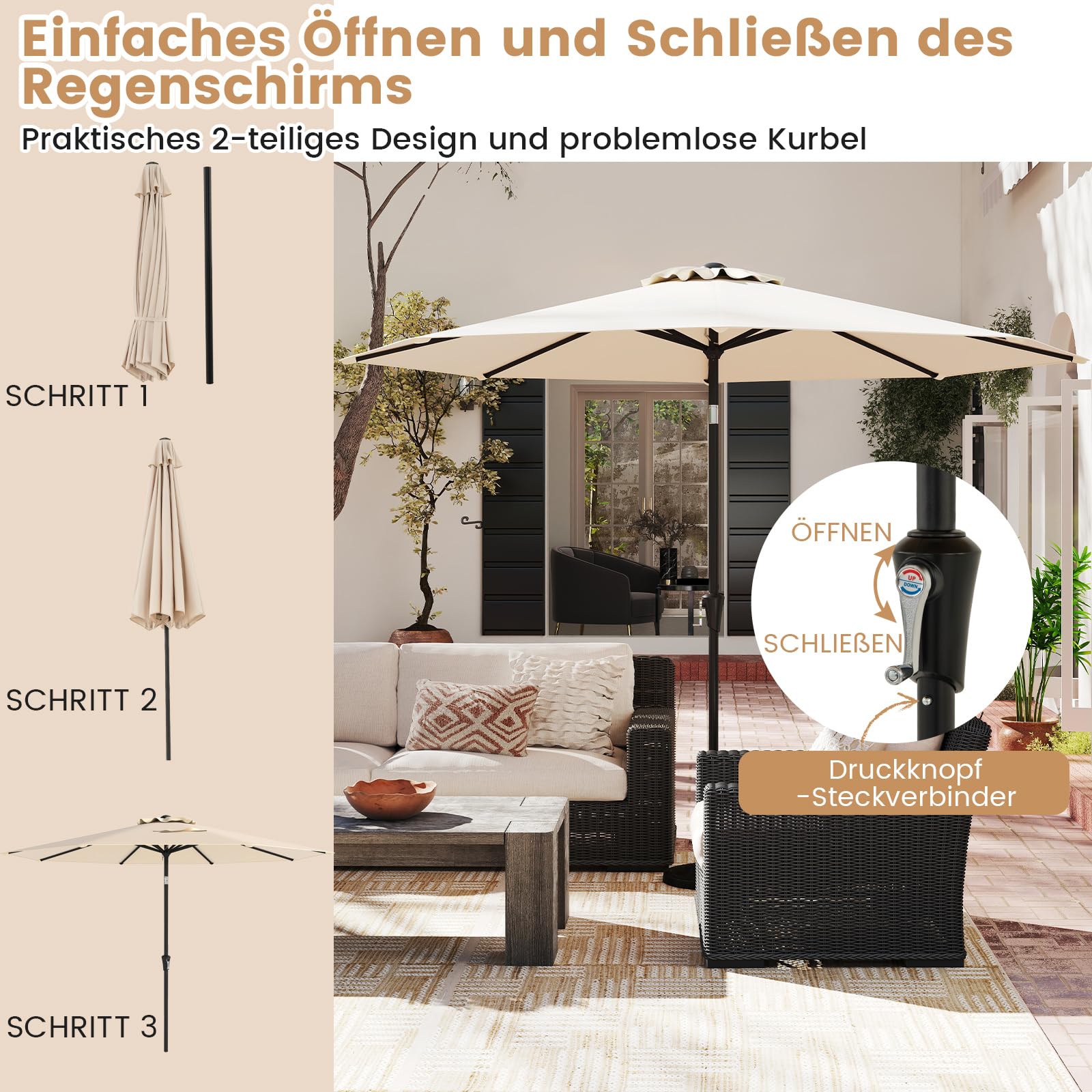 COSTWAY Sonnenschirm 300 cm, Gartenschirm mit Kurbel, beidseitig um 25° knickbar, 8 Rippen, Beige