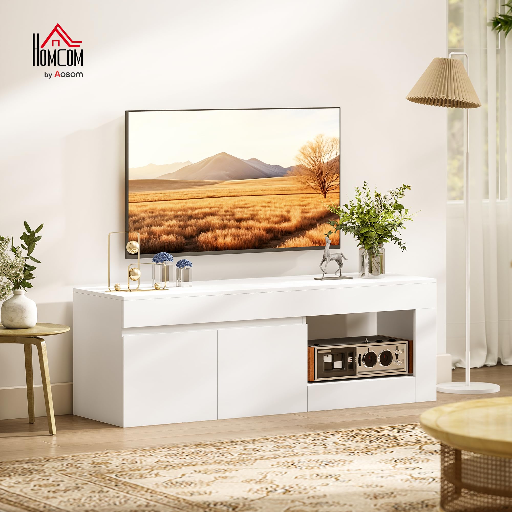 HOMCOM Mueble de TV Moderno con 2 Puertas 140x40x48 cm Blanco | Mesa de TV para Salón, Estante Abierto, para Televisión 60 Pulgadas