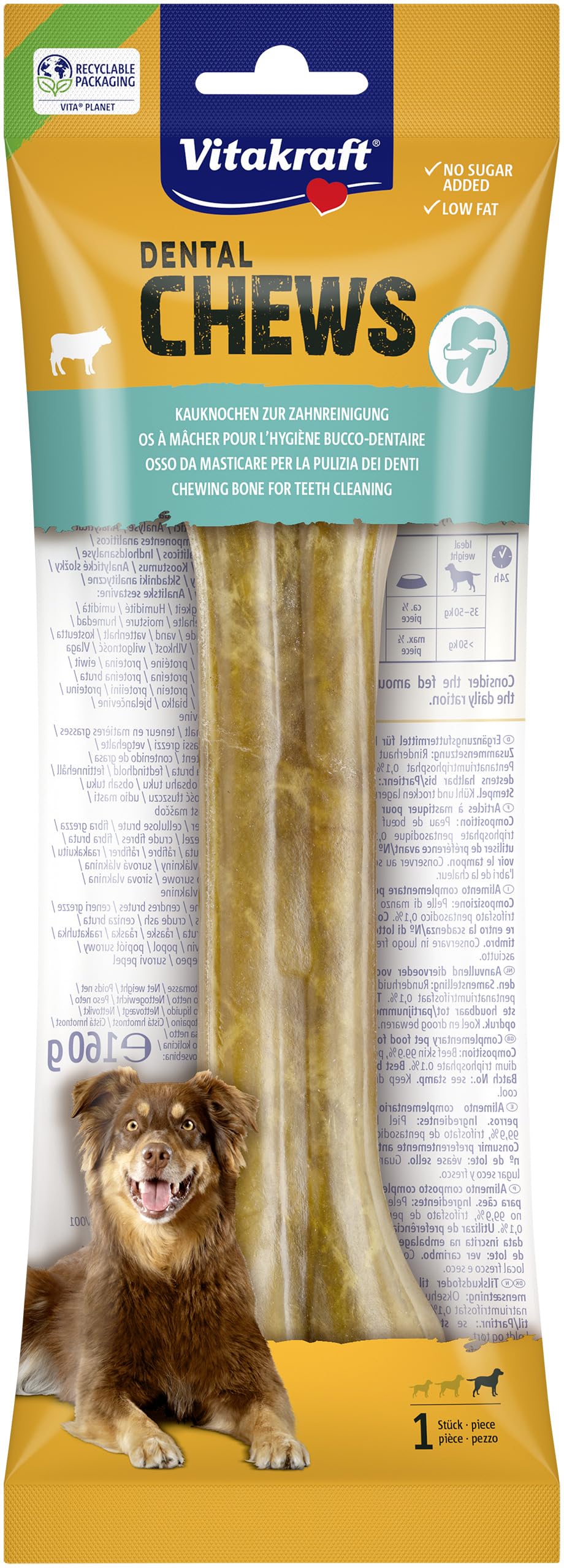 Vitakraft Dental Chews, Hundekauknochen, Kauknochen aus Rinderhaut, zur Zahnreinigung und Mundhygiene, ohne Zusatz von Zucker (8X 160g)