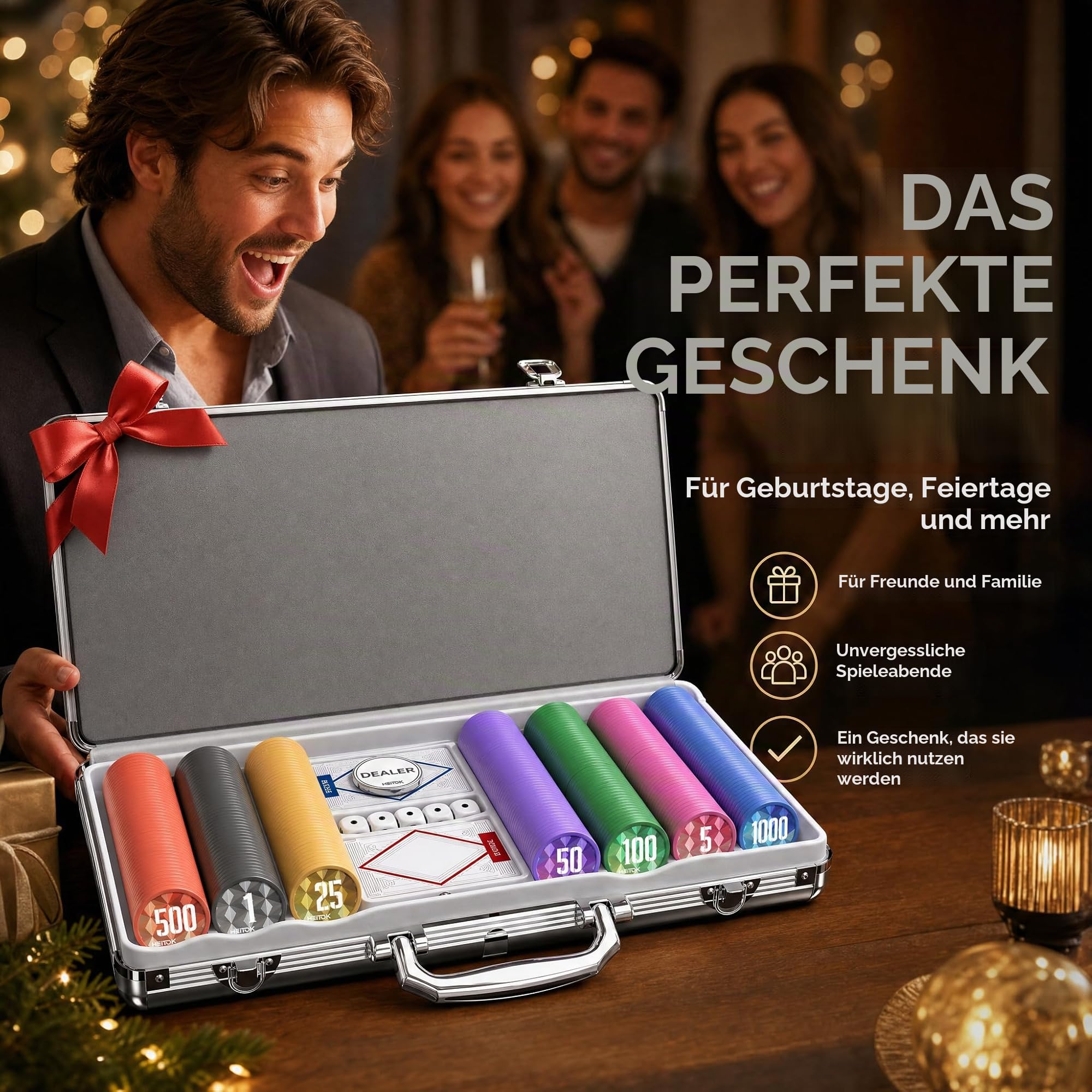 600-teiliges Casino Pokerchip-Set mit Nennwerten, 11,5 g gewichtete Chips, 2 Decks, kompaktes Aluminiumgehäuse für Texas Hold'em, Blackjack | Morandi Design Poker Spiel: lesbare Werte, 2-16 Spieler, Blackjack, Decks, Würfel, Dealer/Blinds, Koffer und Haus