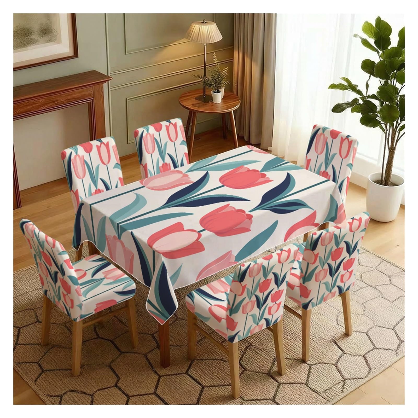 KXUAUV Off White Base Vibrant Tulip Floral Print Dining Tablecloth & Chair Covers Set, 5/7 Piece Modern Spring Cottage Dining Decor Party Decor(7pcs Set: Tablecloth+Chair Covers)
