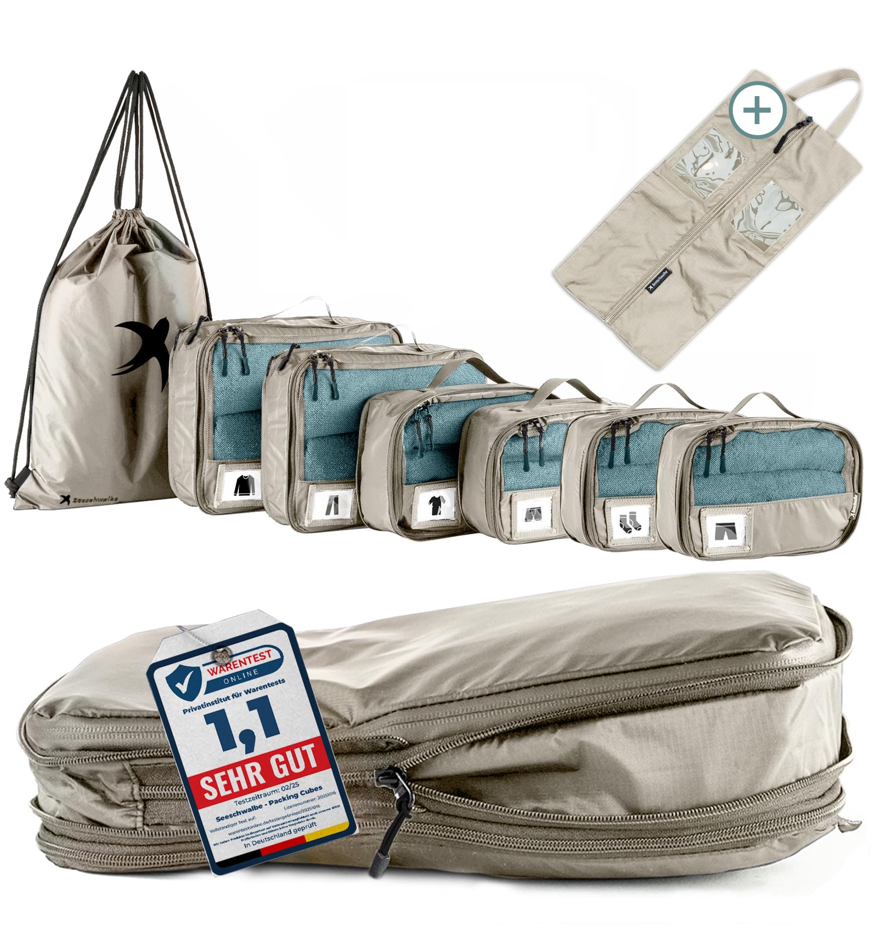 SEESCHWALBE Packing Cubes Compression | 8-teilig | Premium Packwürfel kompression als ultraleichte Rucksack Organizer oder Koffer Organizer | inkl. Schuhbeutel (beige)