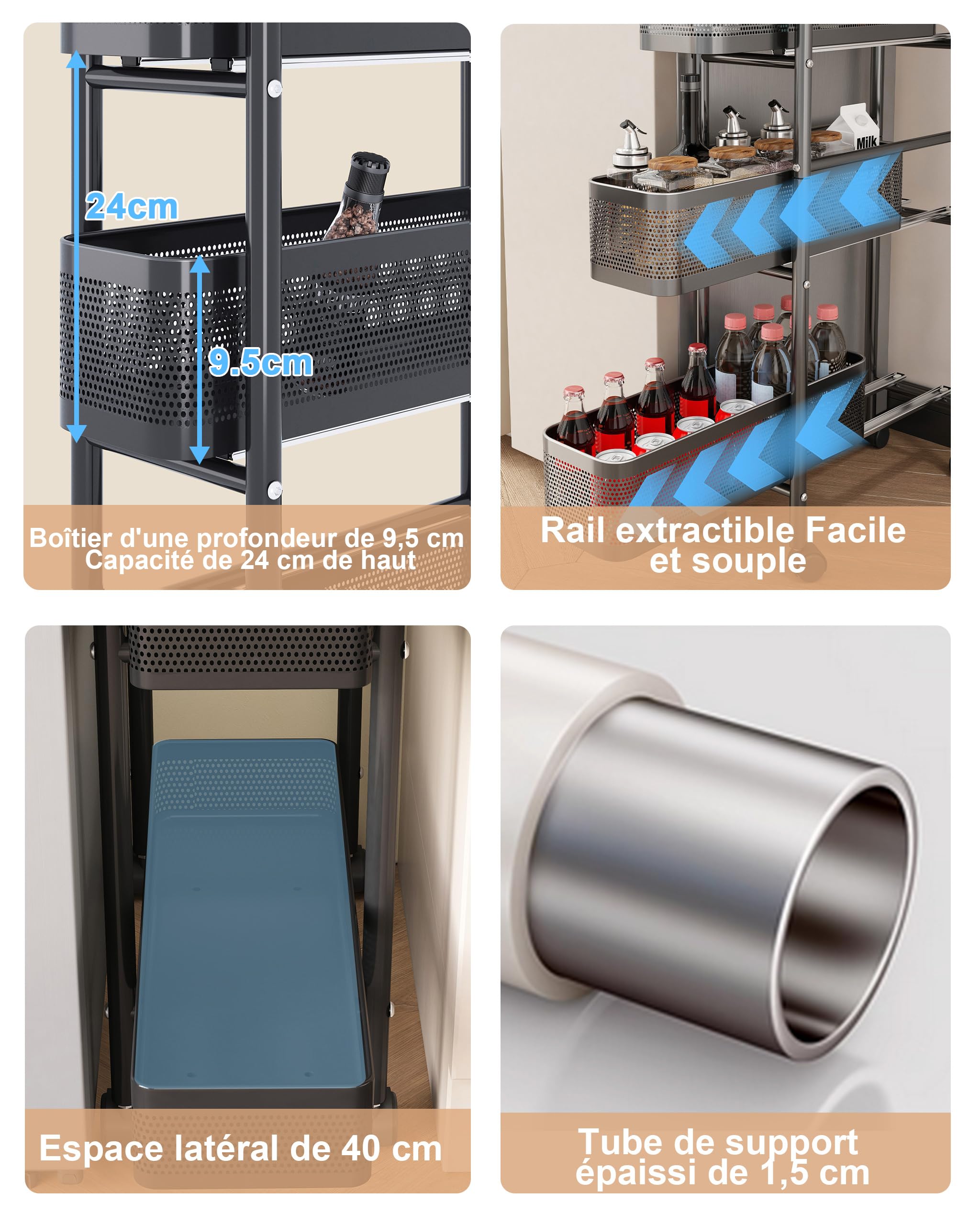 UMDONX Chariots de Rangement pour Cuisine Chariot à roulettes étroit en métal à 5 Niveaux desserte à roulettes sur roulettes avec tiroirs coulissants étagère de Niche(Noir)