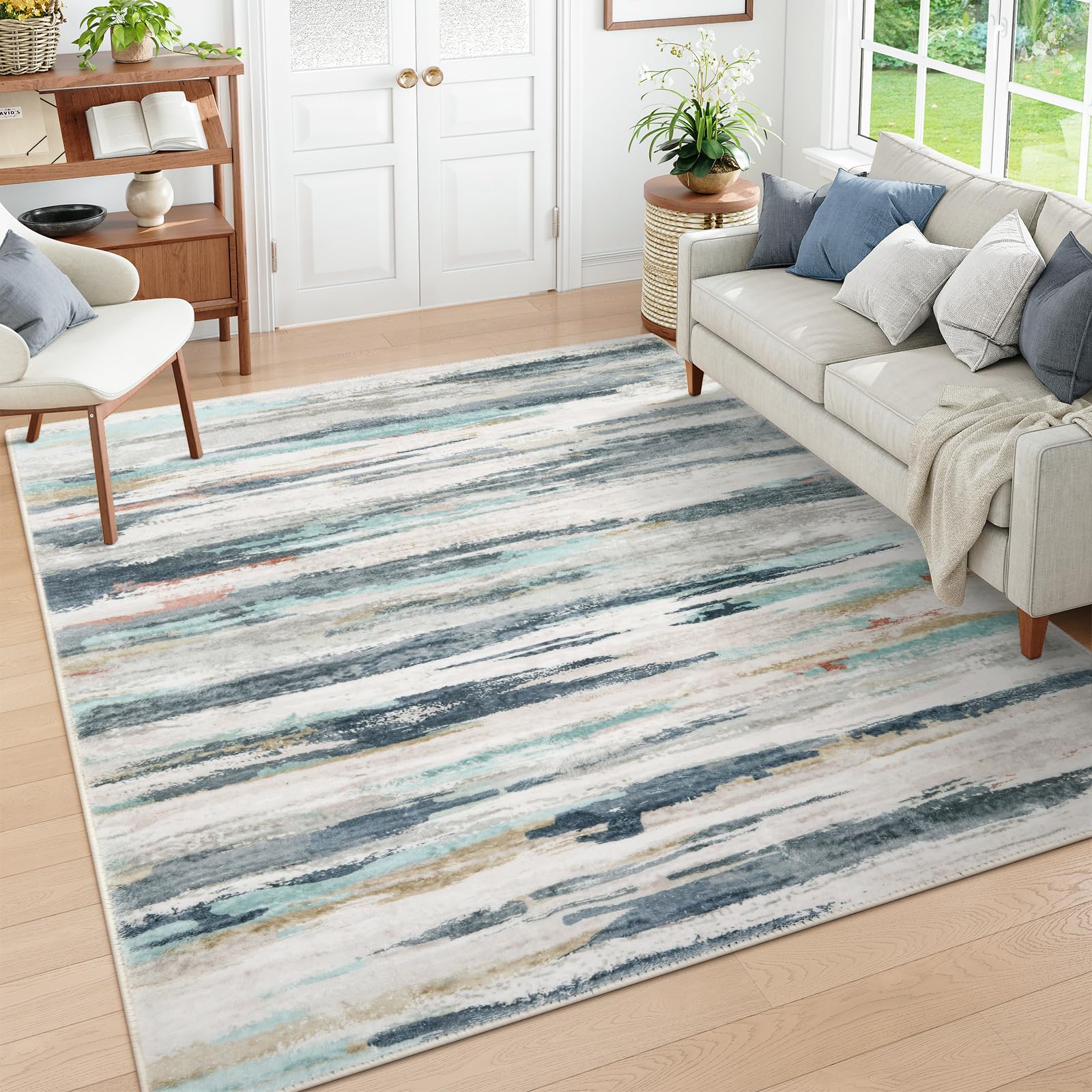 8x10 Modern Abstract Area Rug - Large Rugs for Living Room Machine Washable Rug Non Slip Green Colorful Area Rugs 8x10 Contemporary Stain Resistant Striped Carpet Bedroom Dining Room