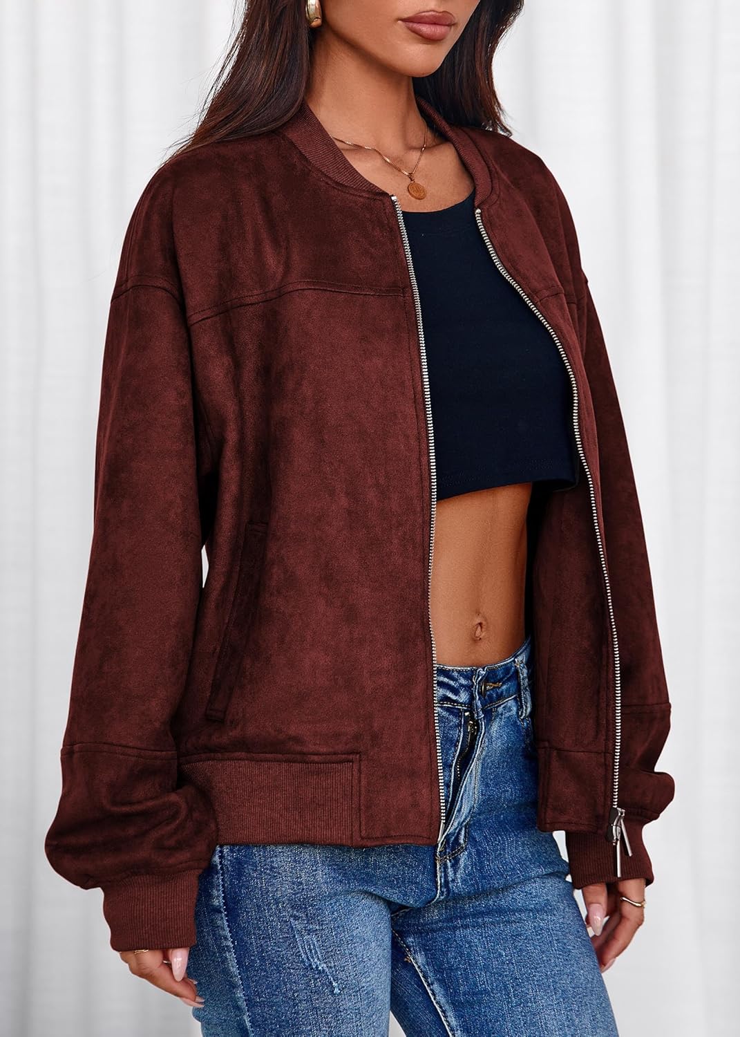 Lazysmile Women's Faux Suede Bomber Jackets Fall Fashion Outfits Winter Clothes Stand Collar Zip Up Coats Outwear - Image 8