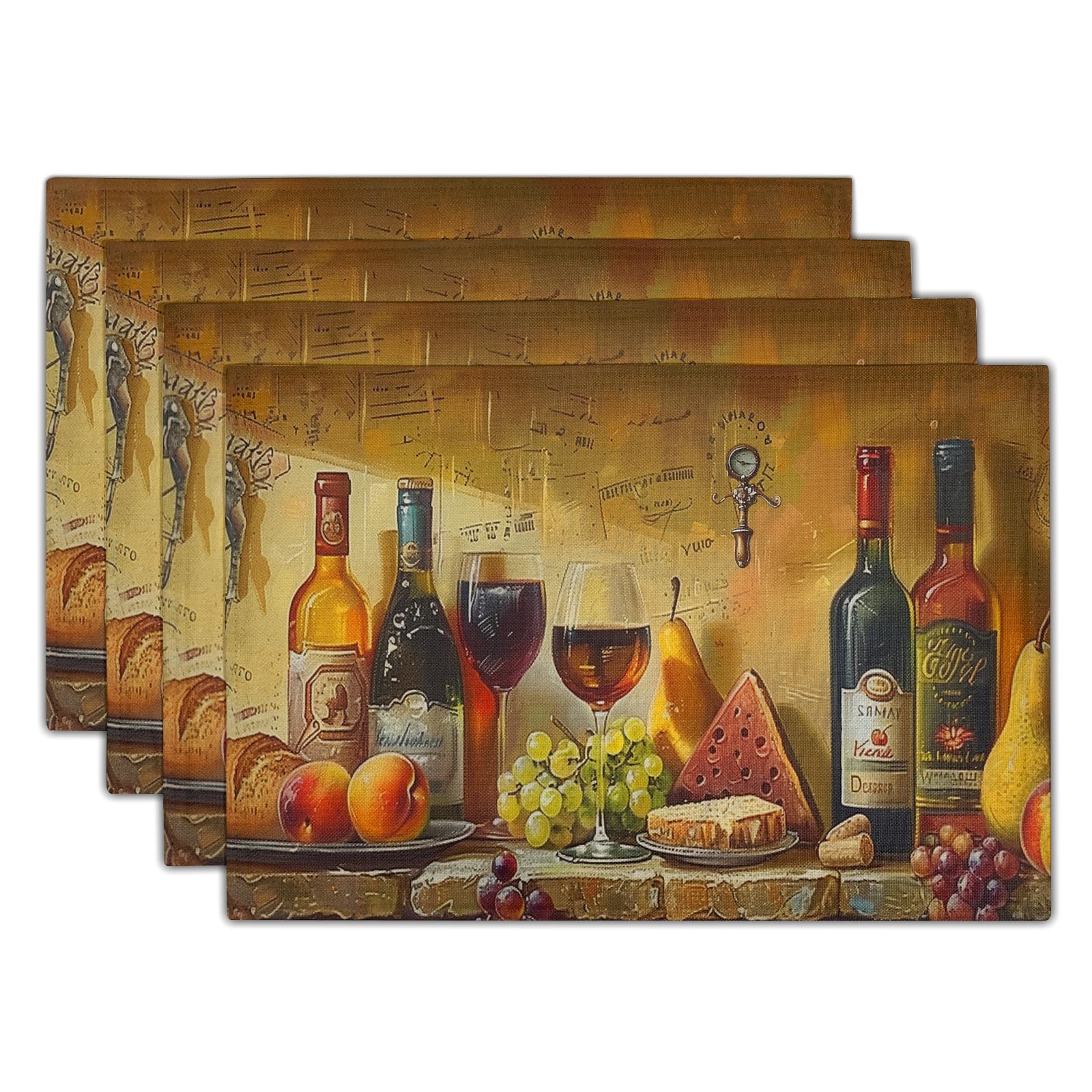 Giwawa Wine Placemats Set of 4 Vintage Style Red Wine Glasses Bottles Linen Table Place Mats Washable Non-Slip Heat Resistance 12"x18" for Kitchen Dining Farmhouse Party Decor