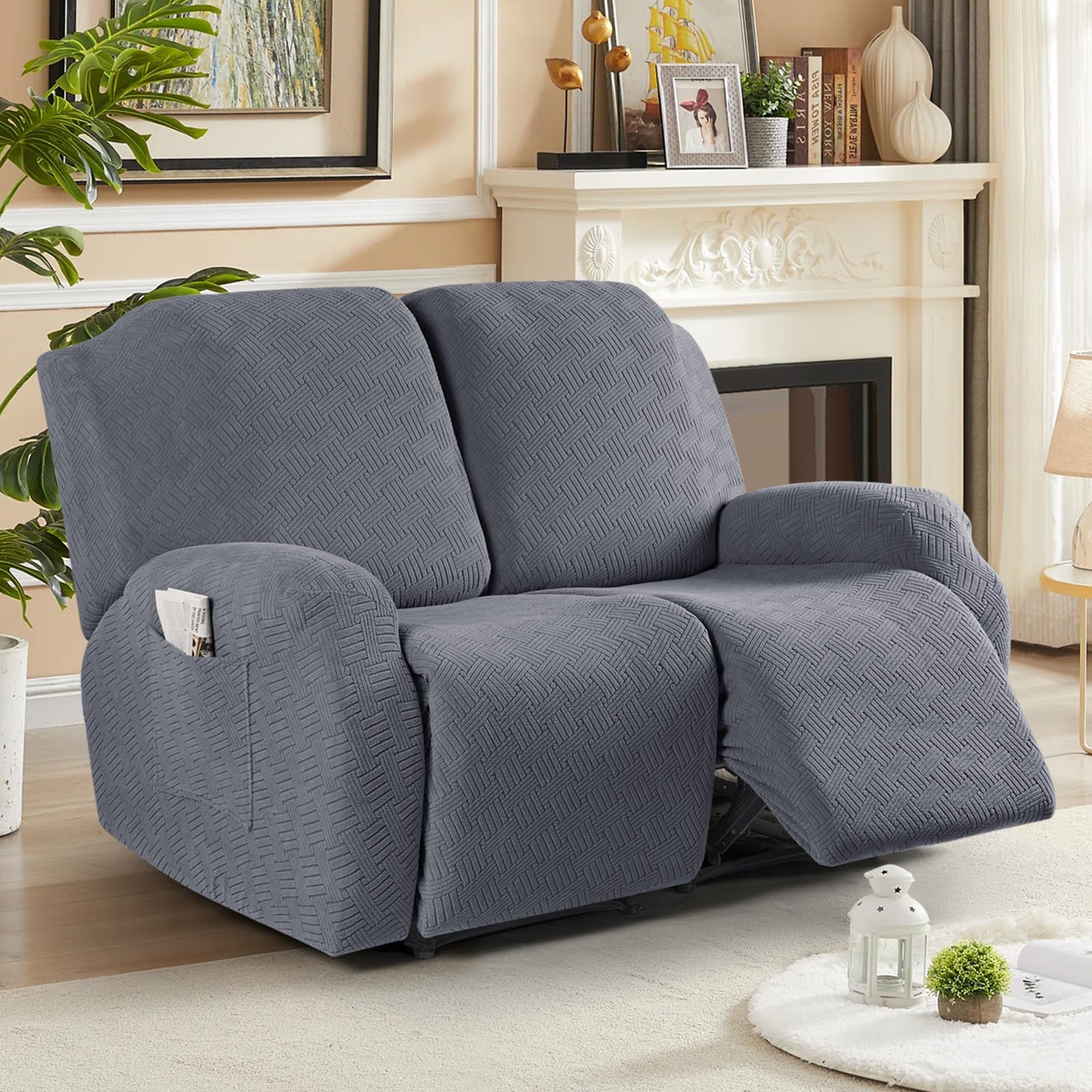 KinCam Funda Sillon Relax reclinable, Funda para Sillón Relax de Jacquard, Funda Sillon orejero Funda Elástica con Bolsillo para Perros y Mascotas, Suave y Lavable Funda Sofa 2 plazas Gris Oscuro