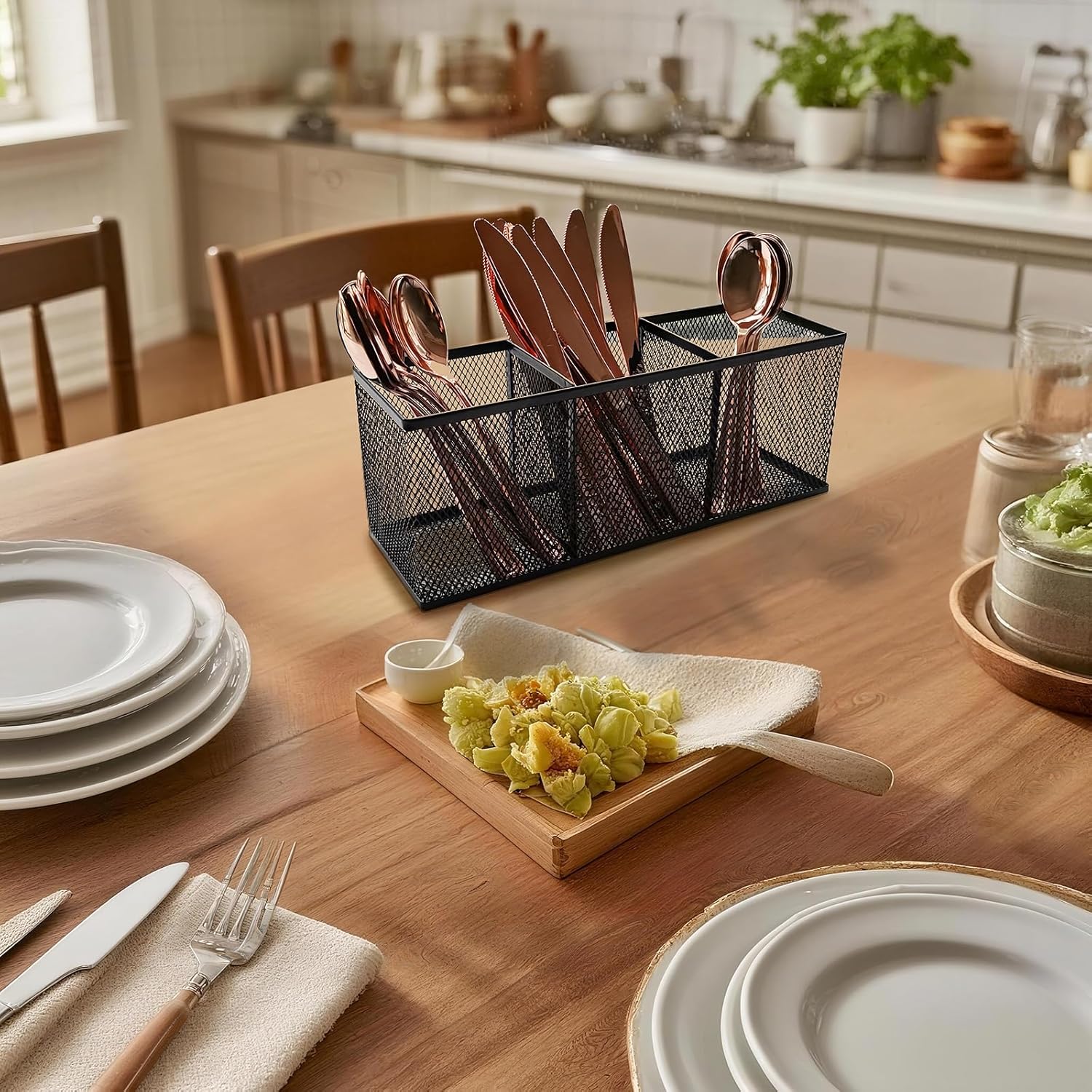 2-Pack Metal Mesh Pencil Holder, Spacious 3-Compartment Desk Organizer for Pens, Makeup Brushes, Utensils, Desktop Storage for Home, Office, School, Kitchen, 10.43x3.35x4.04 Inch, Black