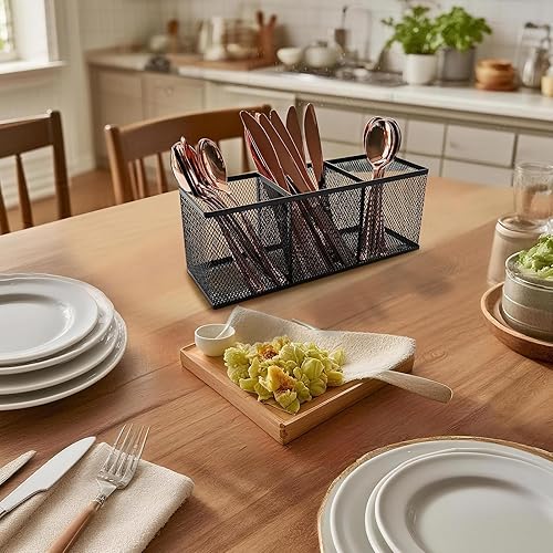 Miniatura 5 de Portalápices de malla metálica, espacioso organizador de escritorio de 3 compartimentos para bolígrafos, brochas de maquillaje, utensilios, oficina,