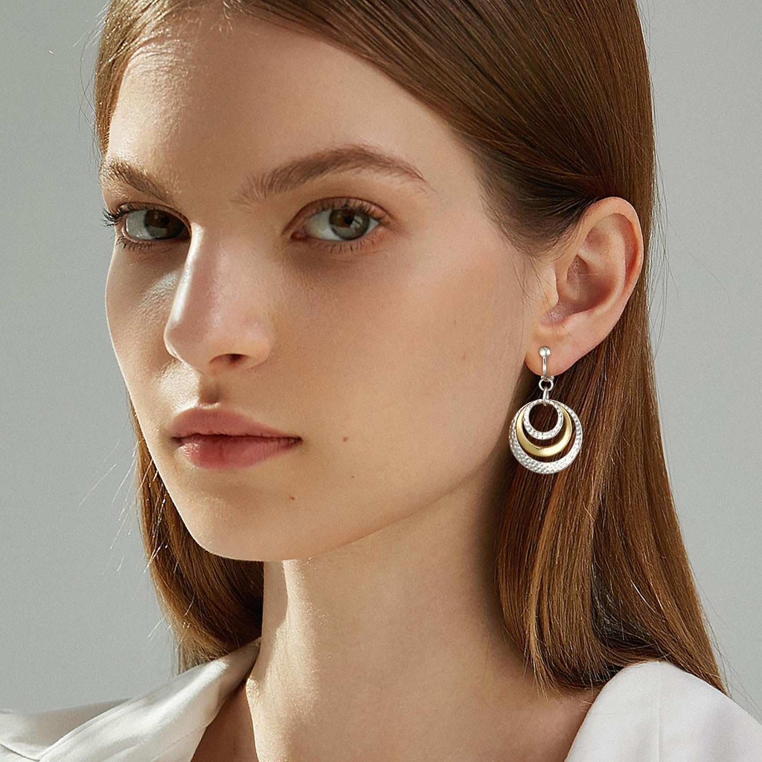 Clip on Earrings for Women Two Tone Disc Earrings for Women Mix Color Statement Drop Dangle Earrings Jewelry Hypoallergenic Hammered 14K Gold Plated Earring Non Pierced Earring Jewelry Gifts Wedding Party - Image 2