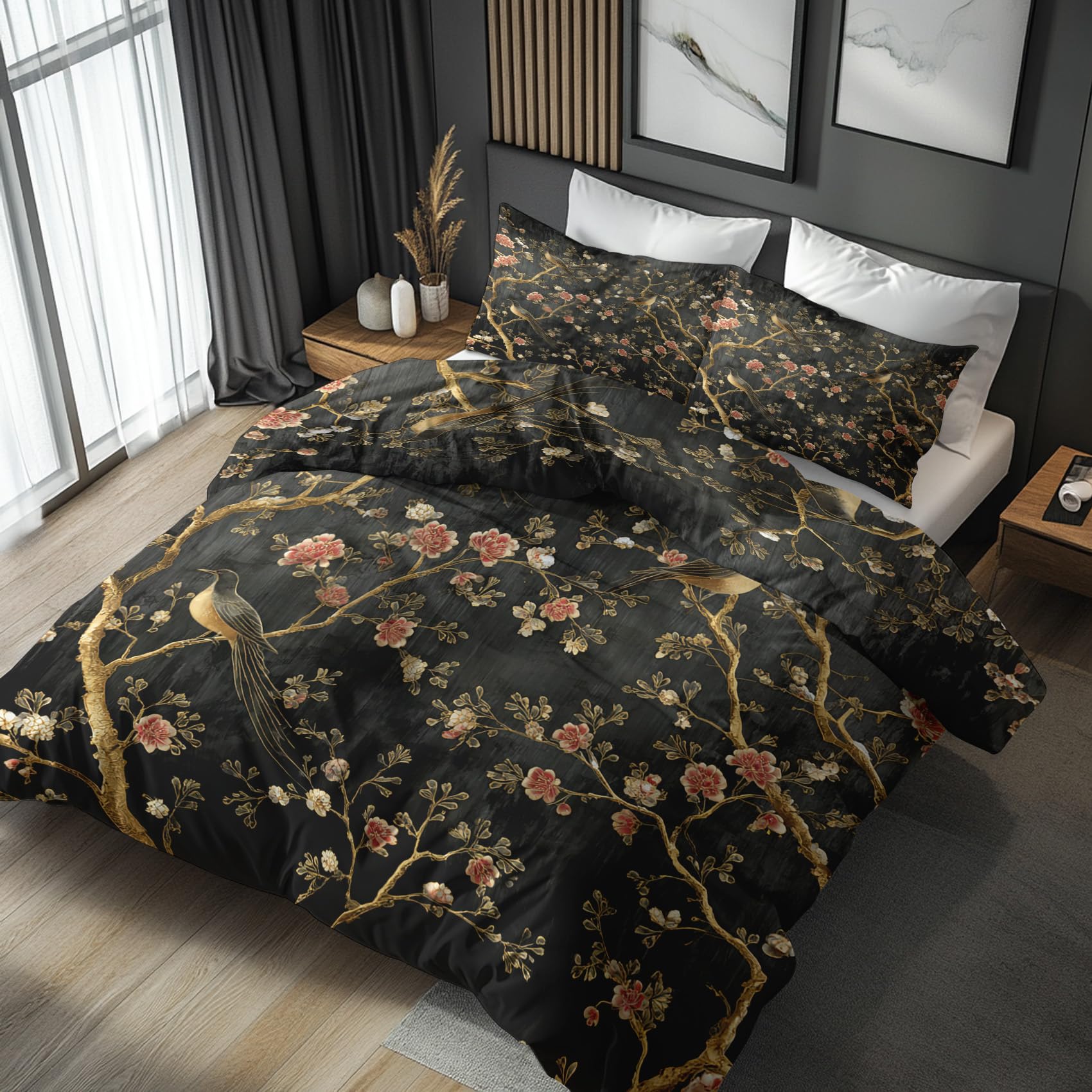Chinese Duvet Cover Superking Size, Japanese Bird Branch Flower Quilt Cover Superking Bedding Sets with 2 Pillow Cases, Chinese Room Decor โ image 1
