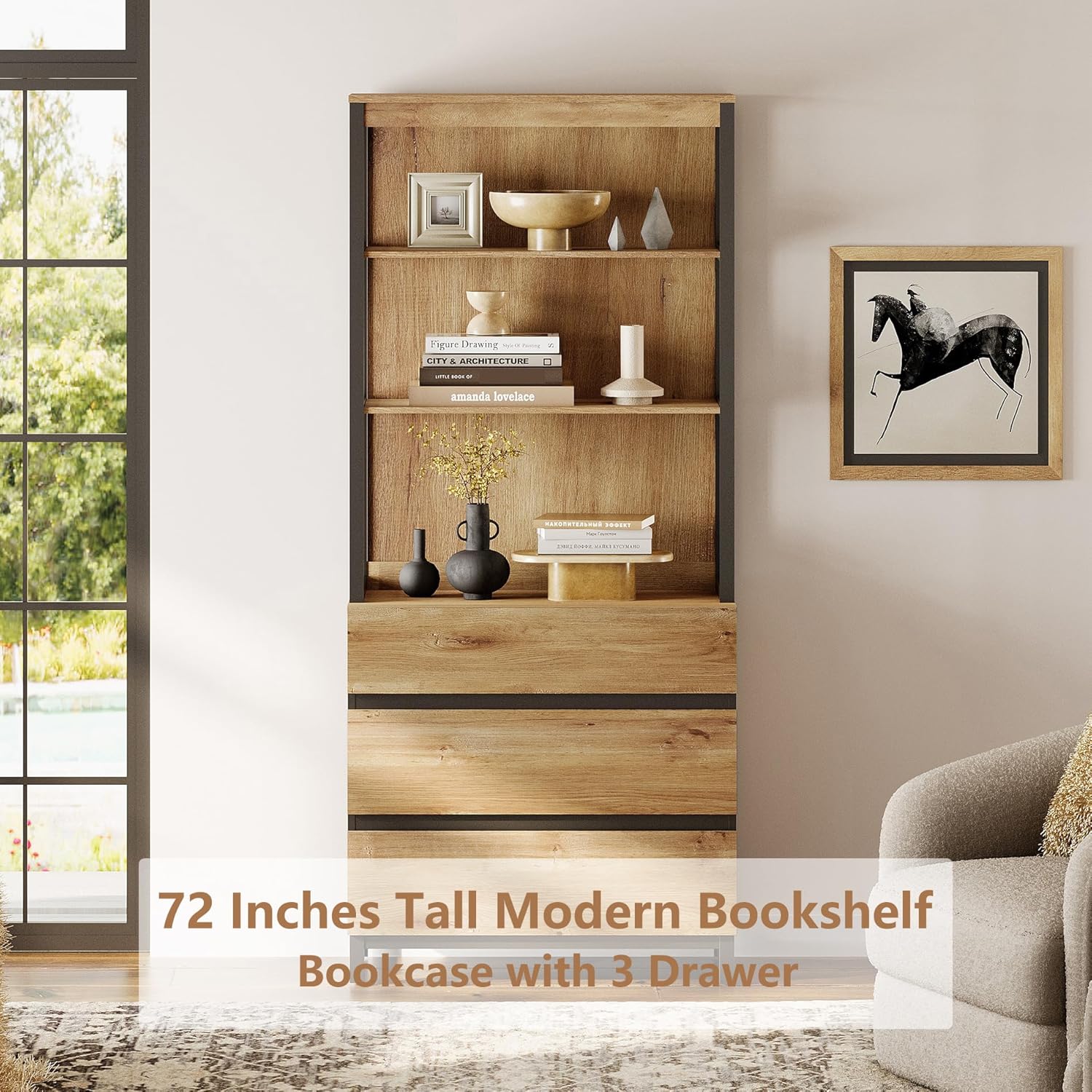 WAMPAT Modern 72" Tall Bookshelf with 3 Drawers and Open Book Shelves, Library Bookcase with Storage Cabinet, Wood Freestanding Book Shelf for Home Office, Living Room, Oak