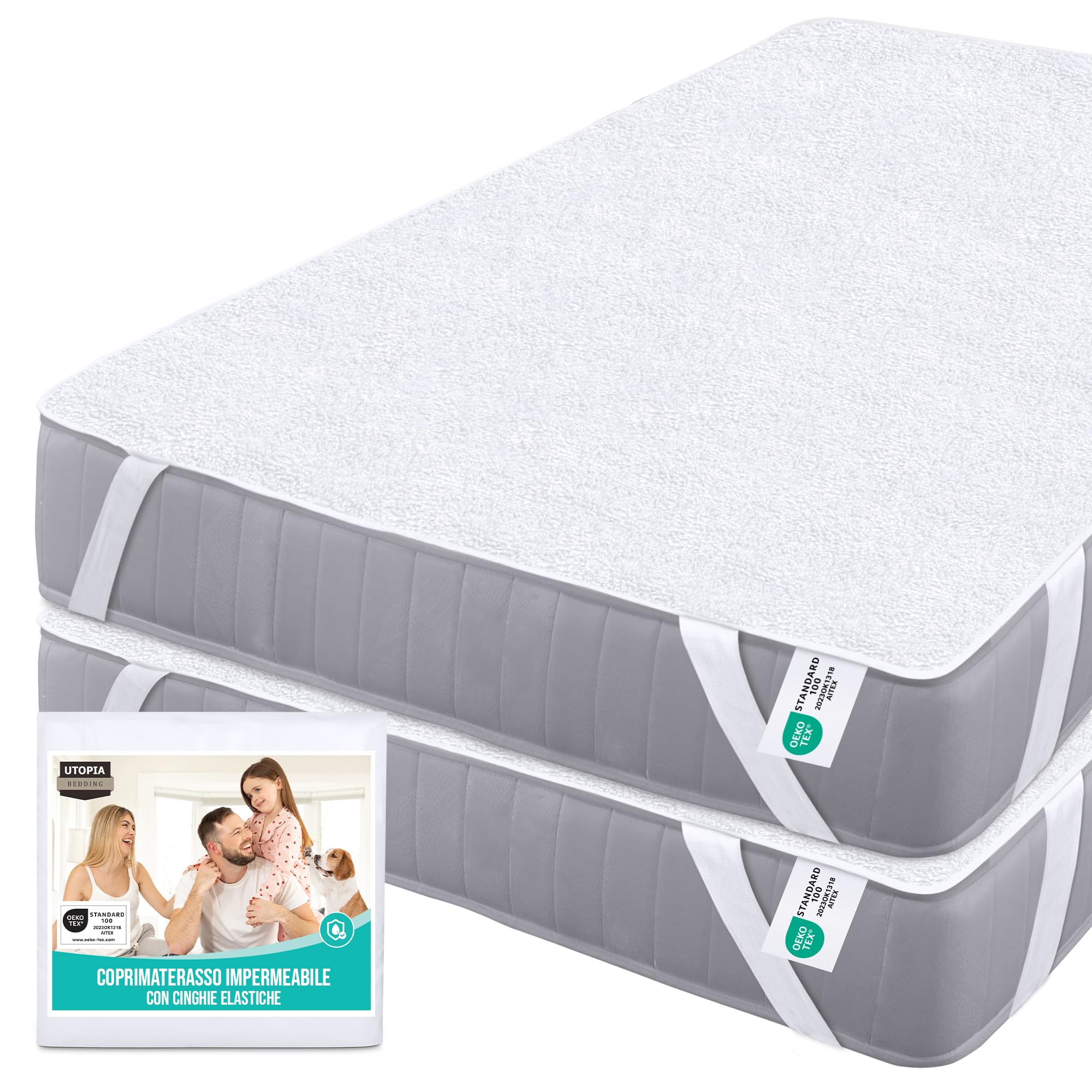Utopia Bedding Coprimaterasso Matrimoniale Impermeabile 90 x 200 cm (Confezione da 2), 4 Angoli Elasticizzati, Certificato OEKO-TEX, Proteggi Materasso, Traspirante, Lavabile