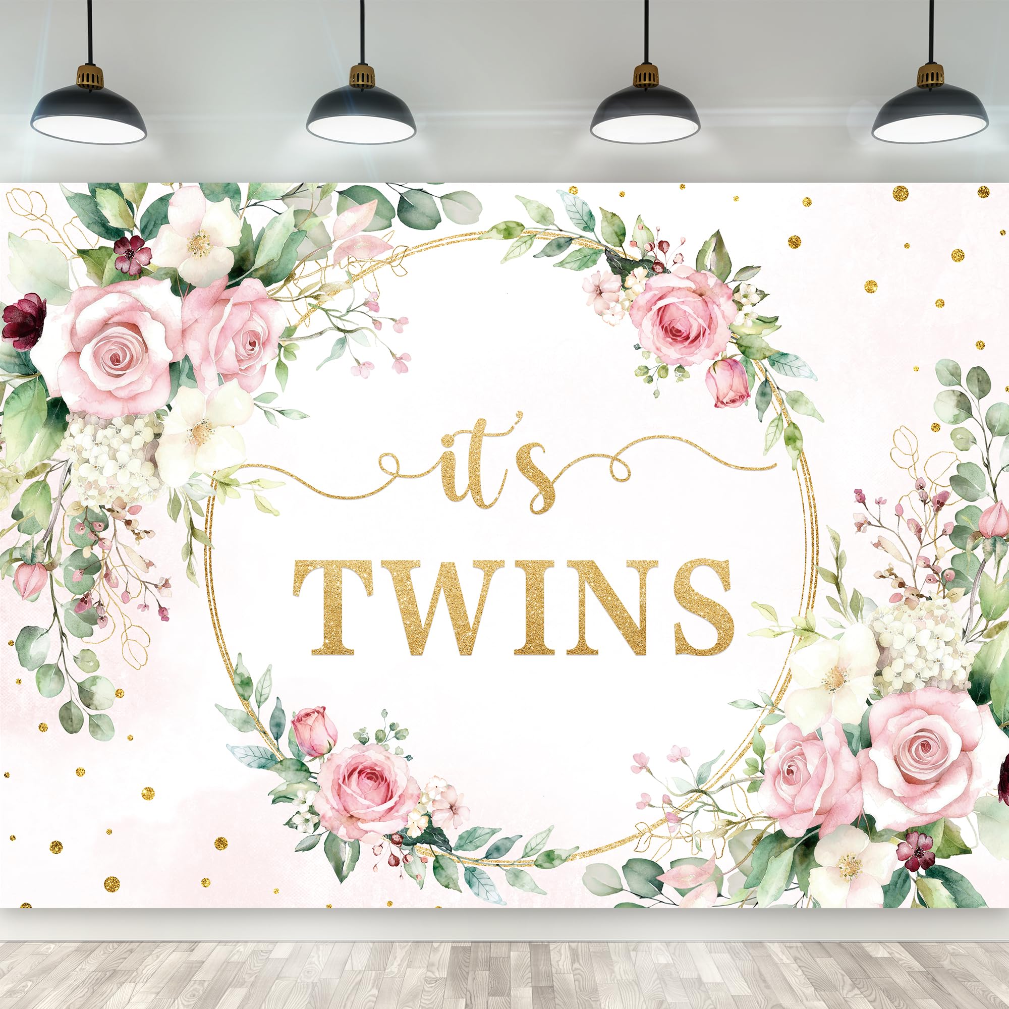 Riyidecor It's Twins Baby Shower Decorations Backdrop 7Wx5H Feet Polyester Fabric Pink Floral Girls Blush Flowers Watercolor Leaves Newborn Party