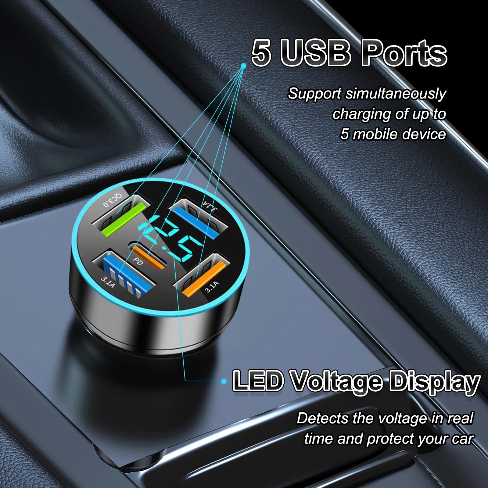 5-Porte Caricabatterie Auto USB C, 66 W Accendisigari Adattatore QC3.0