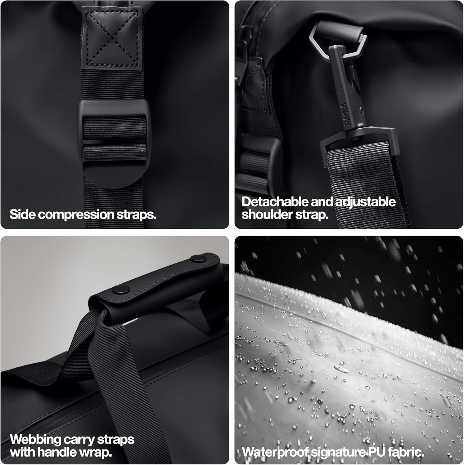 RAINS Hilo Weekend Bag Large - Black Waterproof Travel Duffel for Men and Women - Duffle with Coated Zip, Compression Straps, Adjustable Strap - Image 4