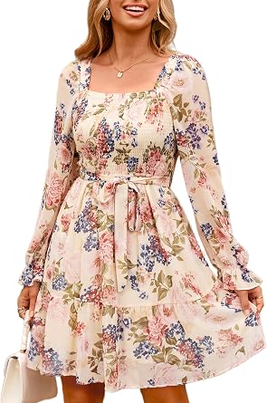 Simplee Womens Floral Long Sleeve Mini Dress Boho Square Neck Smocked A-Line Flowy Short Wedding Guest Dresses