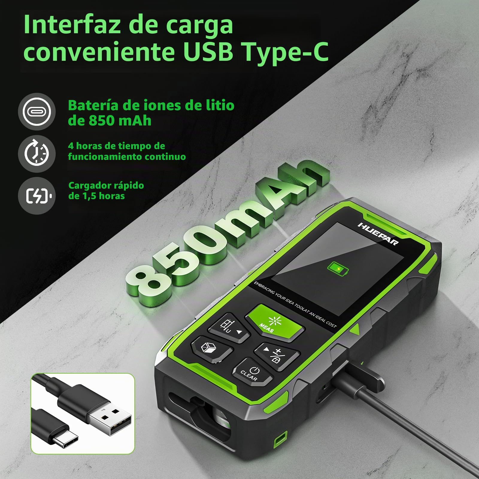 Telémetro Láser Bilateral, Huepar 120M Dispositivo de Medición con Láser Rojo, LCD retroiluminado, medición de Distancia, Superficie y Volumen y Modo pitagórico