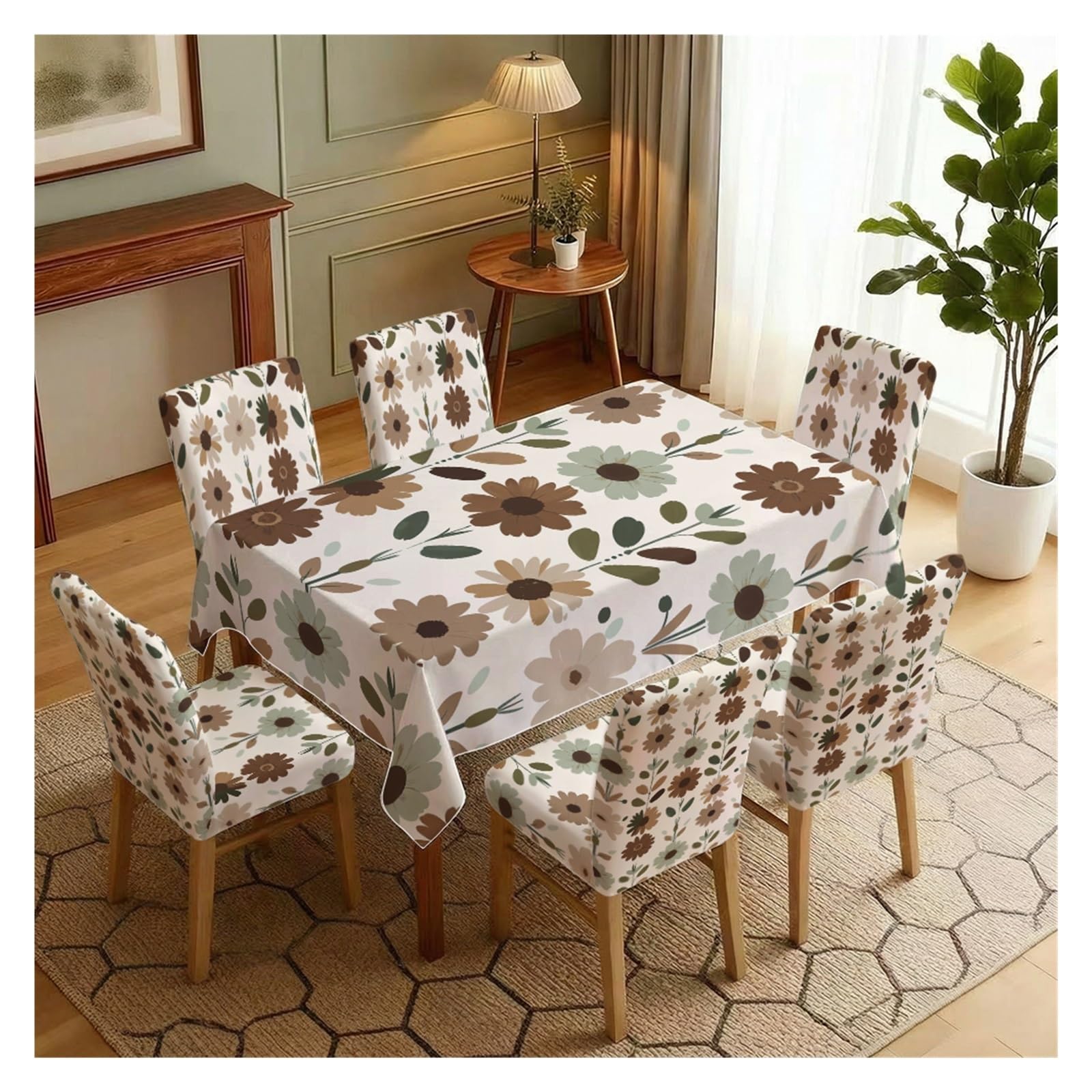 BOSUYBN Boho Neutral Earth Tone Daisy Floral Dining Tablecloth & Chair Covers Set, 5/7 Piece Minimal Modern Cottage Farmhouse Dining Decor Table Setting(7pcs Set: Tablecloth+Chair Covers)
